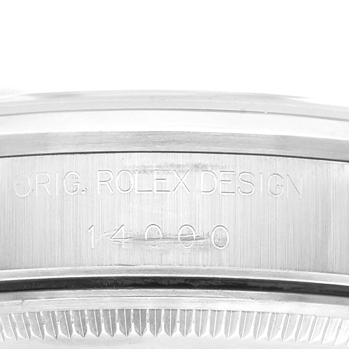 The image shows a close-up of the case back and engraved inscription on a Rolex Air-King 14000 Men's Stainless Steel Pink Dial 14000 Men's Stainless Steel Pink Dial watch.
