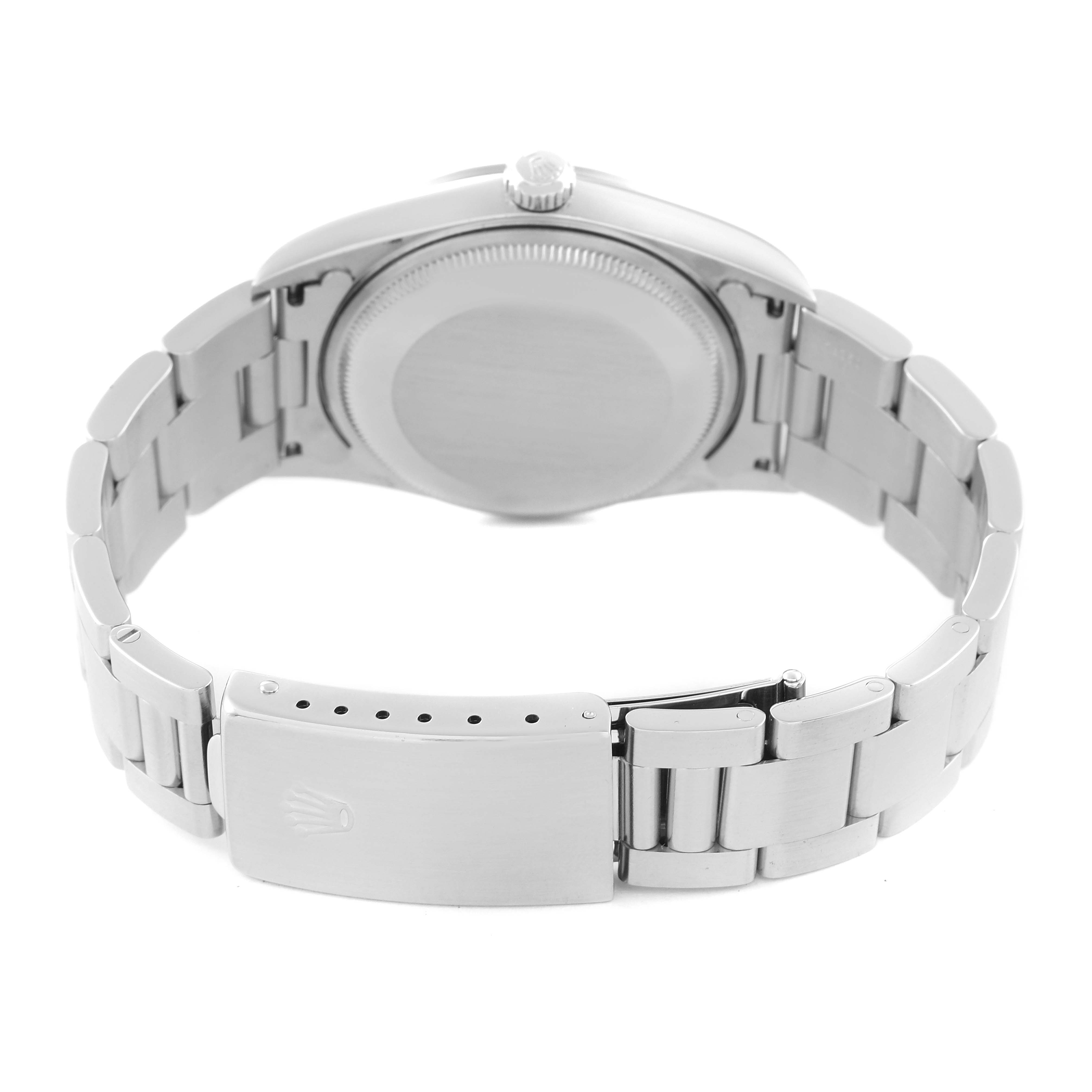 The image shows the back view of the Rolex Air-King 14000 Men's Stainless Steel Pink Dial 14000 Men's Stainless Steel Pink Dial watch, highlighting the case back and the clasp of the metal bracelet.