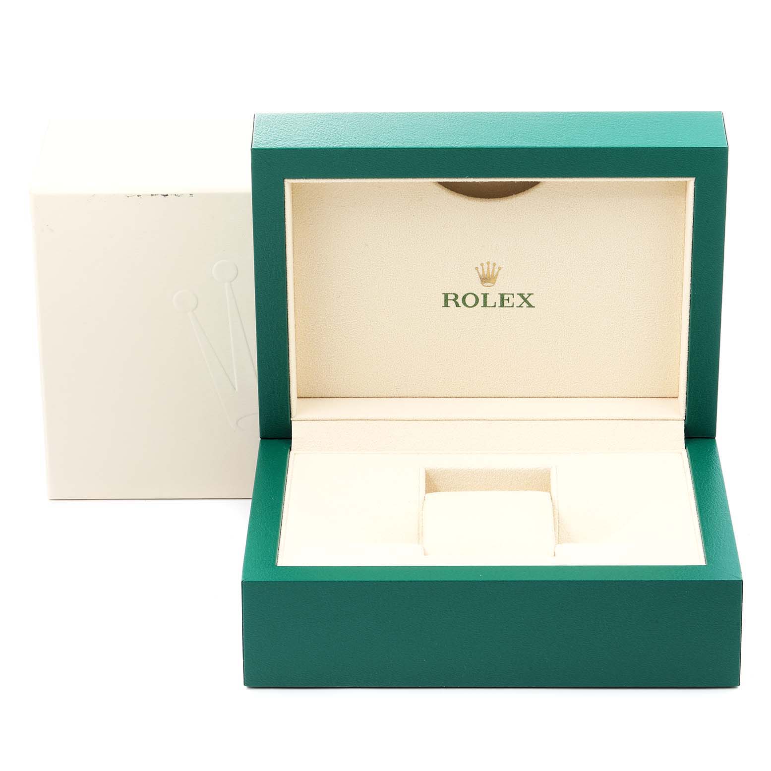 This image shows the green and beige Rolex Air-King 114234 Men's Stainless Steel Silver Dial 114234 Men's Stainless Steel Silver Dial watch box, open and empty, from a front angle.