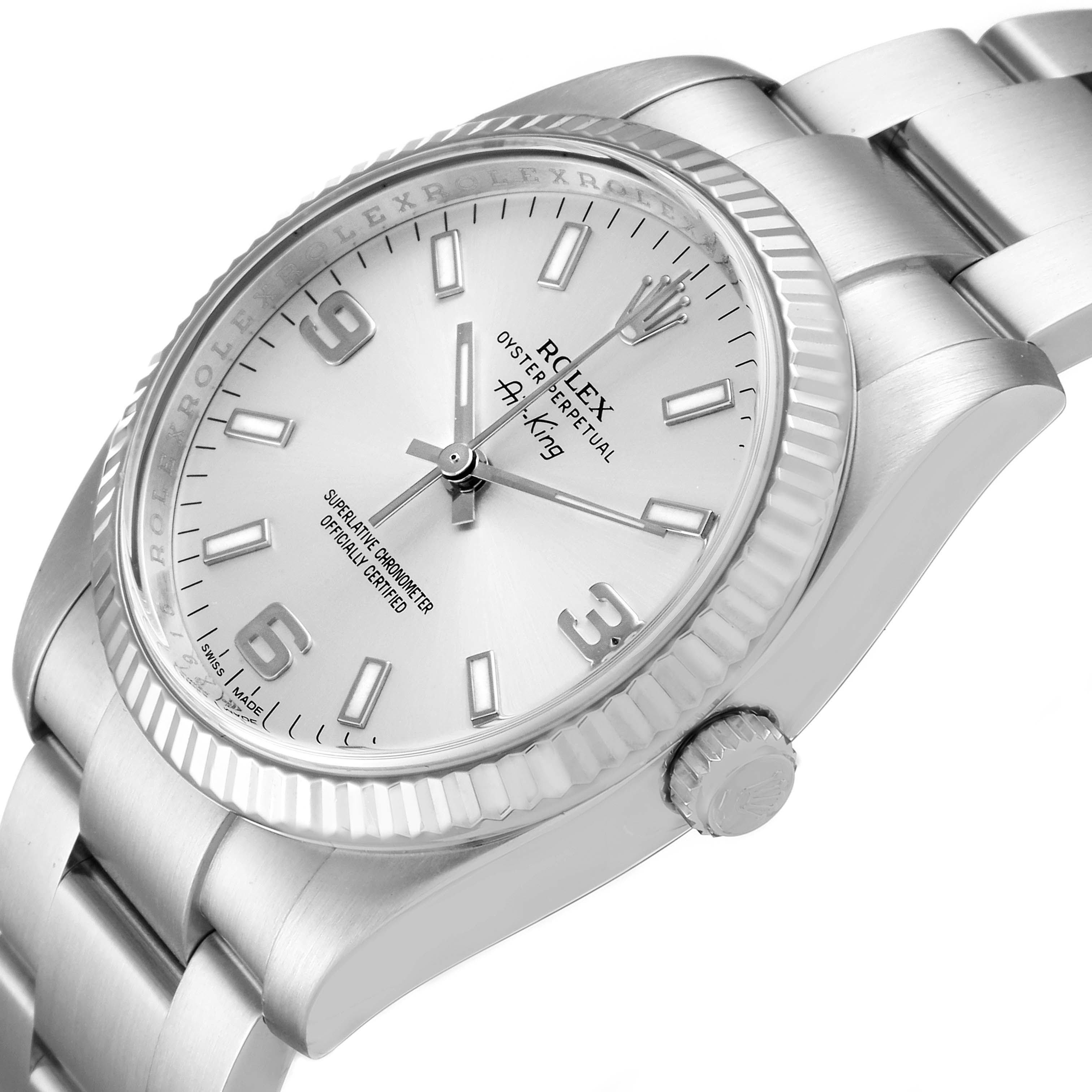 The image shows a close-up of a Rolex Air-King 114234 Men's Stainless Steel Silver Dial 114234 Men's Stainless Steel Silver Dial watch from a side angle, highlighting the face, bezel, crown, and part of the bracelet.