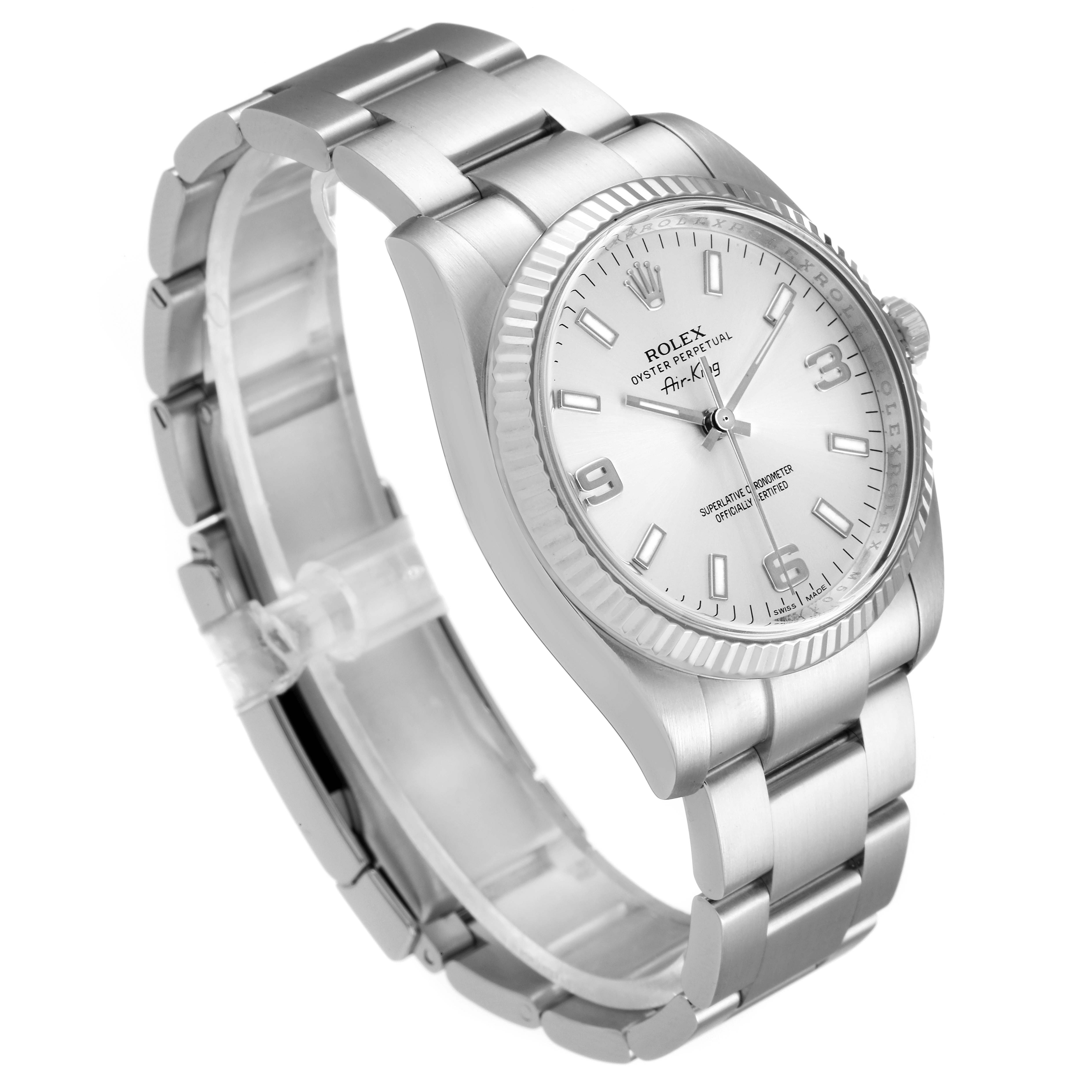 The Rolex Air-King 114234 Men's Stainless Steel Silver Dial 114234 Men's Stainless Steel Silver Dial watch is shown at a three-quarter angle, highlighting the bracelet, dial, and bezel.