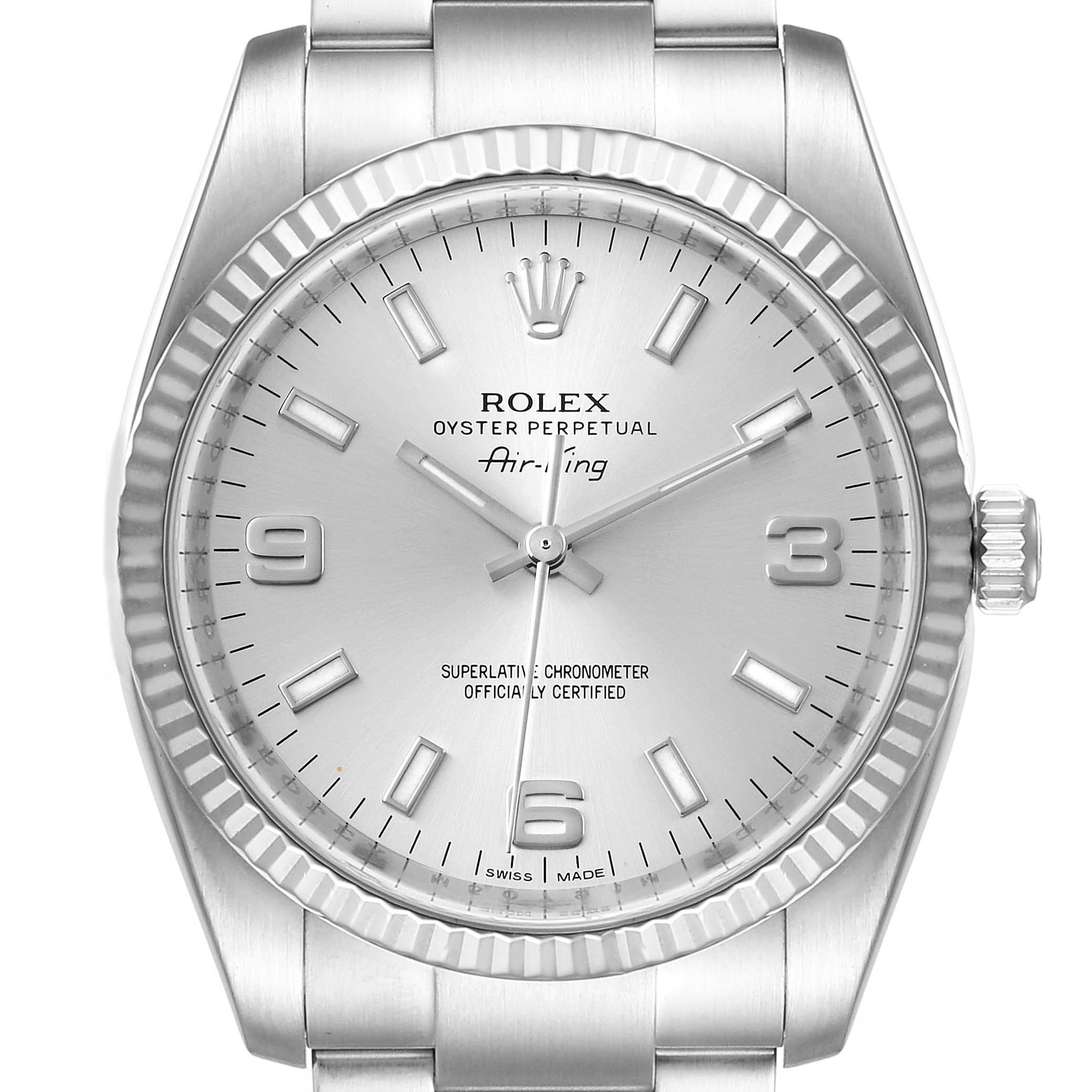 The image shows a close-up of the Rolex Air-King 114234 Men's Stainless Steel Silver Dial 114234 Men's Stainless Steel Silver Dial dial, bezel, and part of the bracelet from a front angle.