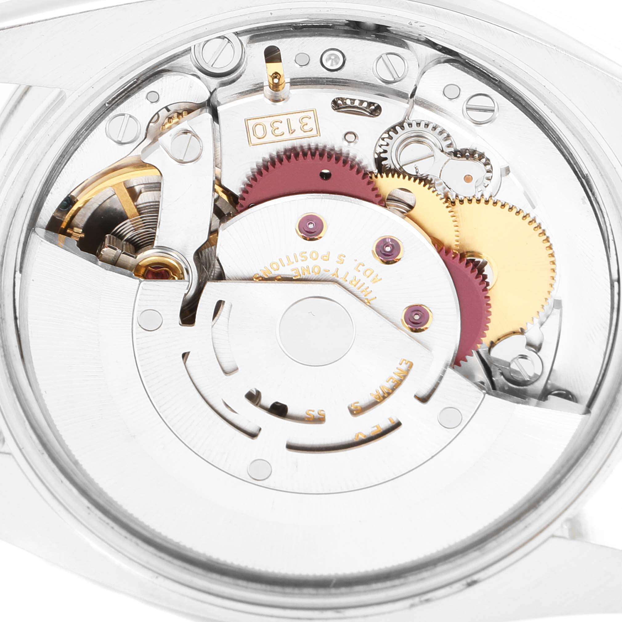 The image shows the internal mechanical movement of a Rolex Air-King 114234 Men's Stainless Steel Silver Dial 114234 Men's Stainless Steel Silver Dial watch, viewed from the back.
