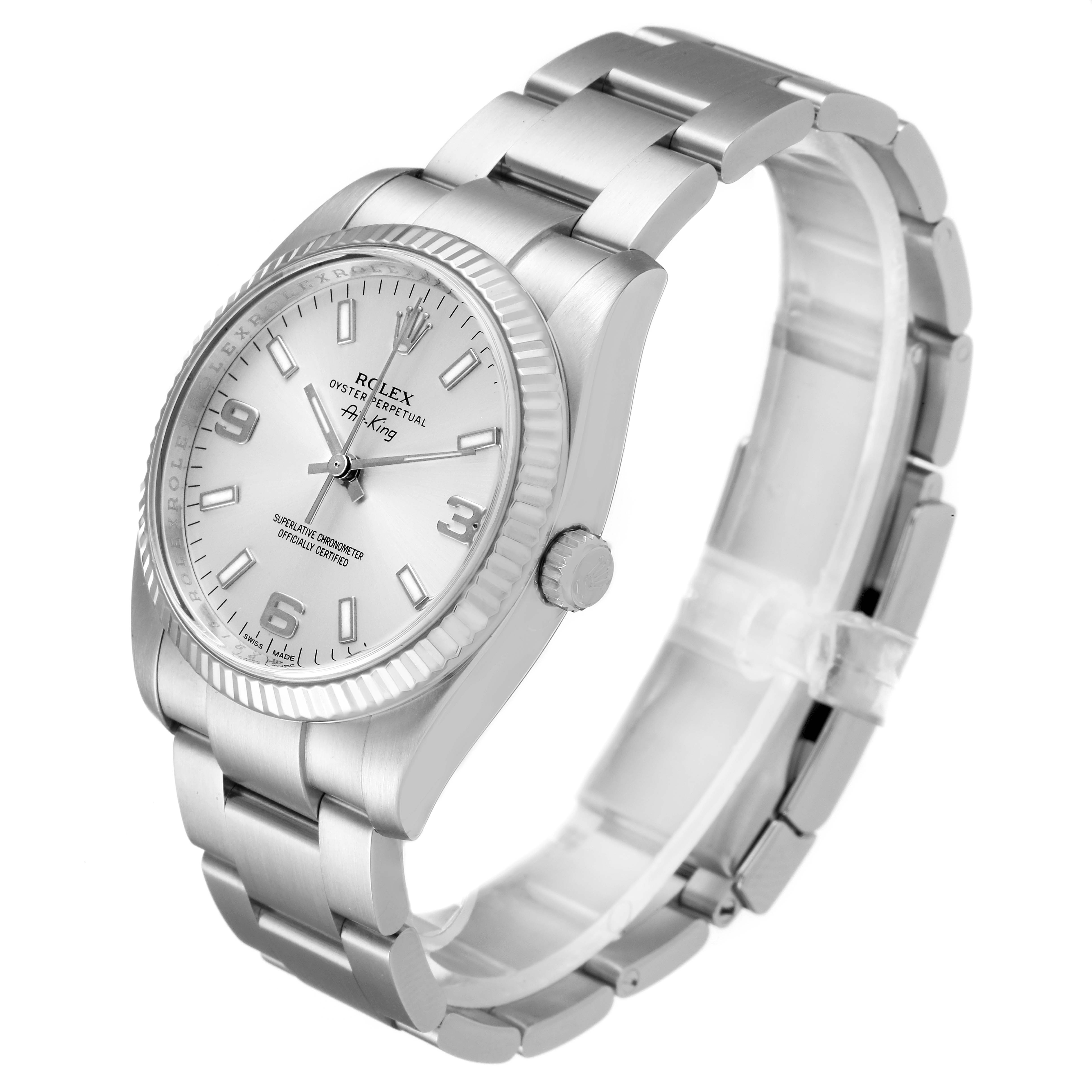 This image shows a three-quarter angle view of a Rolex Air-King 114234 Men's Stainless Steel Silver Dial 114234 Men's Stainless Steel Silver Dial watch, featuring the dial, bezel, crown, and bracelet.