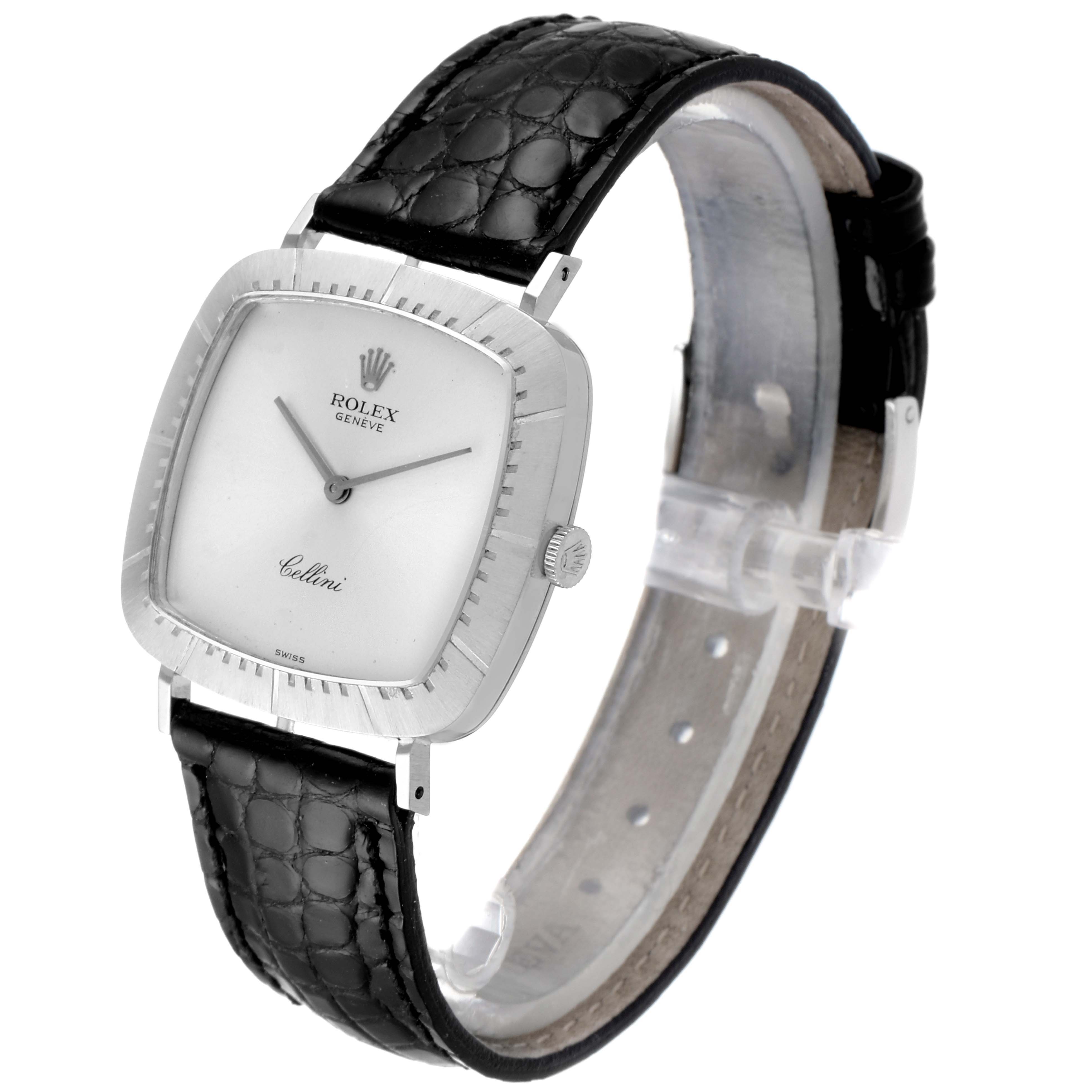 The image shows a frontal side view of the Rolex Vintage Collection 4084 Men's White Gold Silver Dial 4084 Men's White Gold Silver Dial Cellini model with a black leather strap.