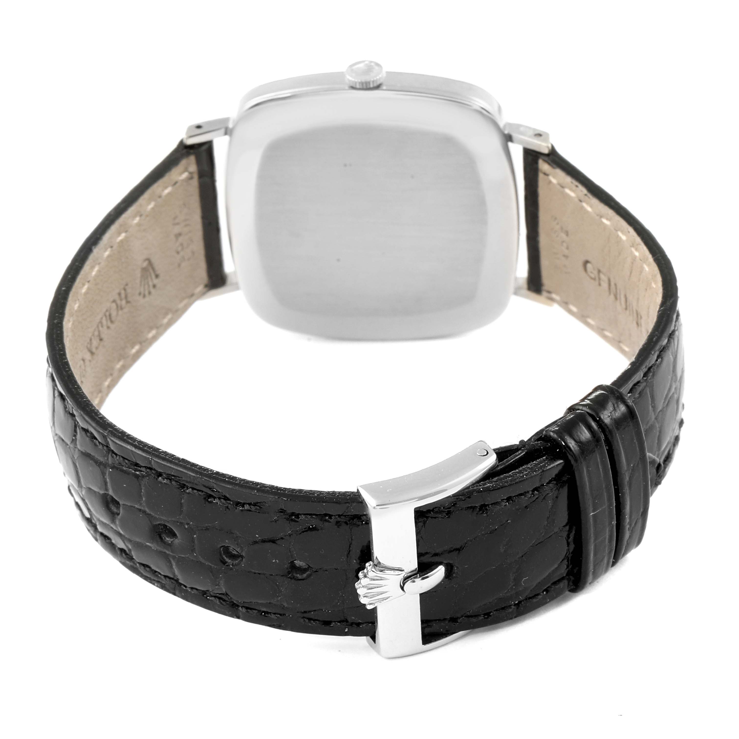 This image shows the back view of a Rolex Vintage Collection 4084 Men's White Gold Silver Dial 4084 Men's White Gold Silver Dial watch, highlighting the case back and black leather strap with a clasp.