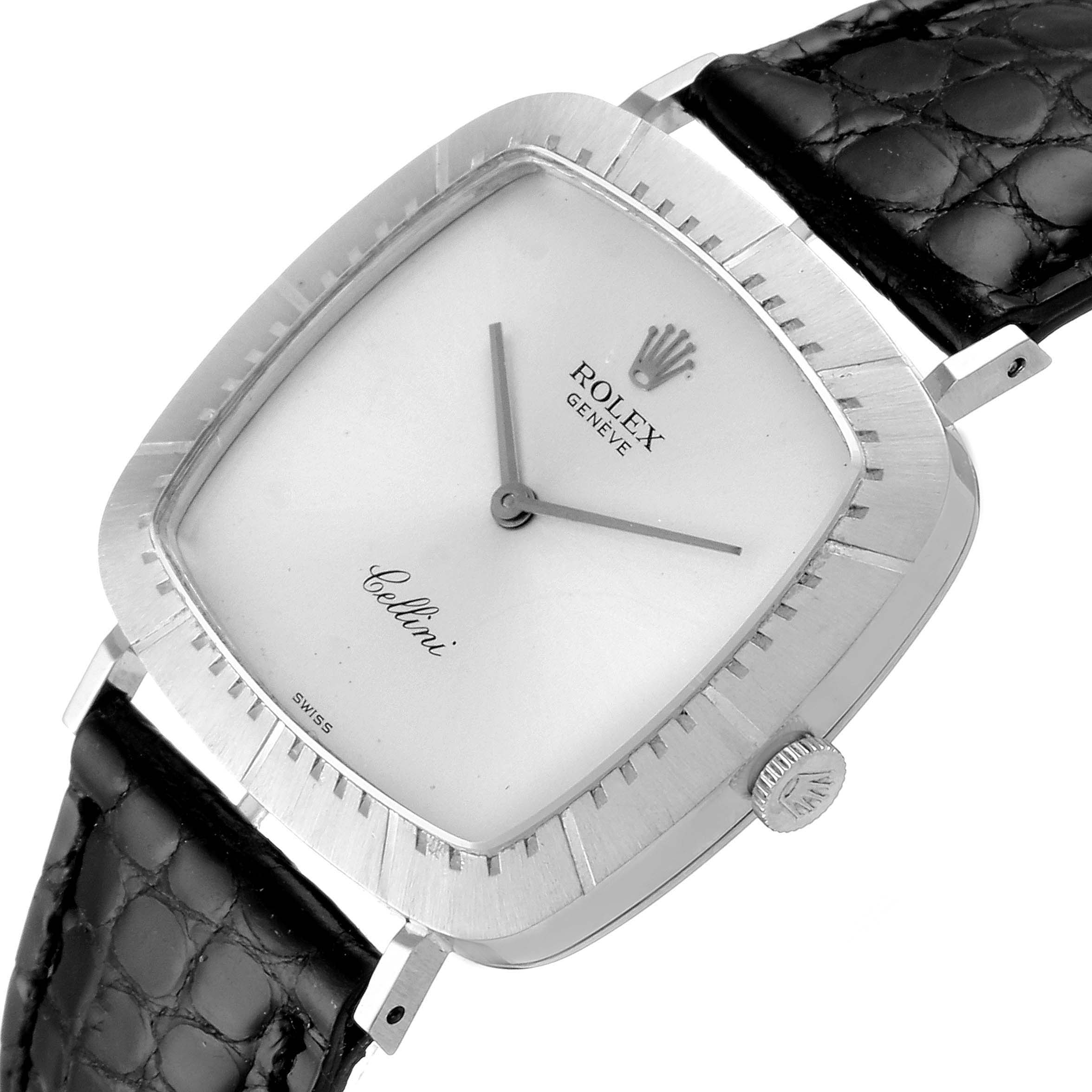 The image shows a close-up of a Rolex Vintage Collection 4084 Men's White Gold Silver Dial 4084 Men's White Gold Silver Dial watch, featuring the dial, bezel, crown, and part of the black leather strap.