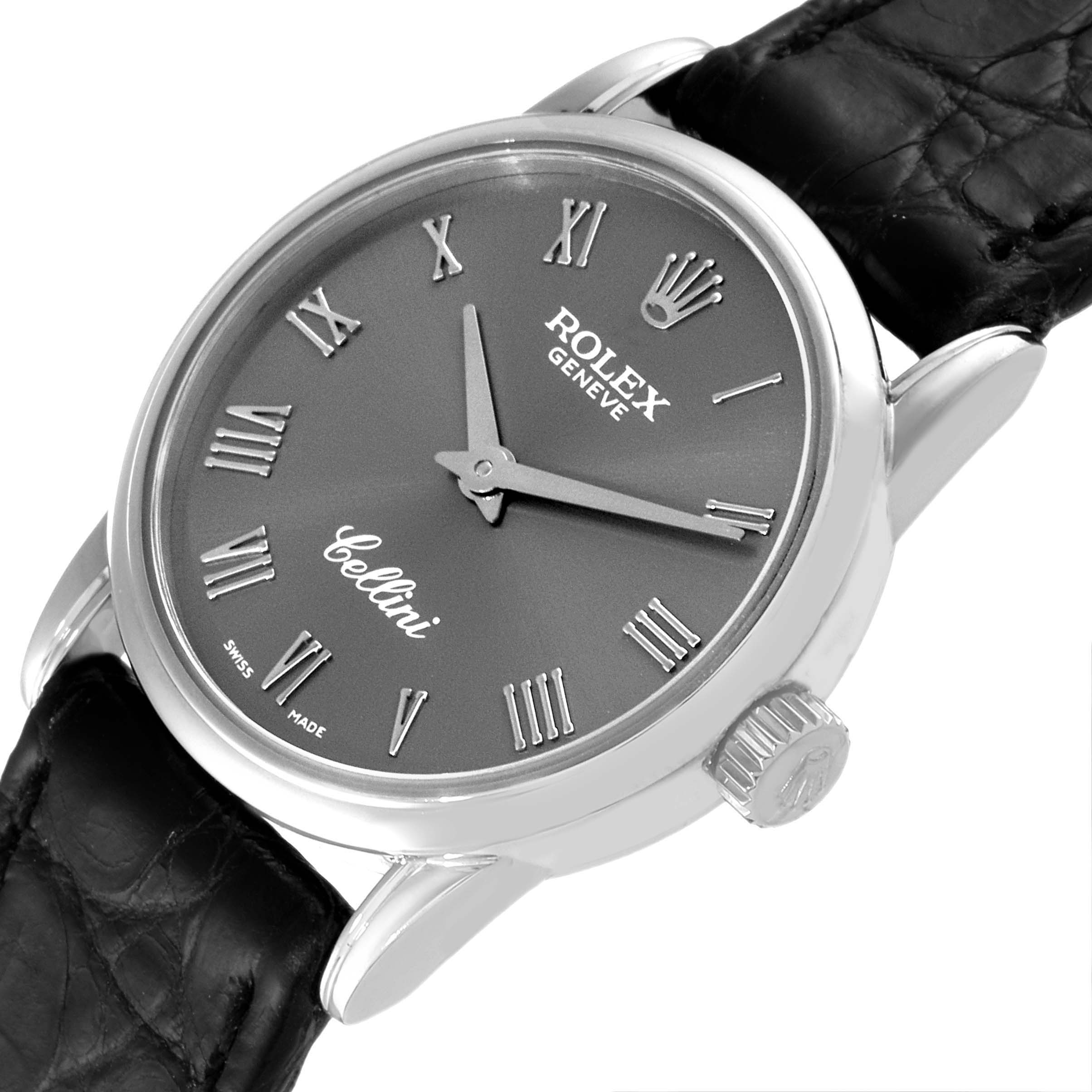 The image shows a side-angle view of a Rolex Cellini 6111 Women's White Gold Grey Dial 6111 Women's White Gold Grey Dial watch, highlighting the face, Roman numeral markers, and leather strap.