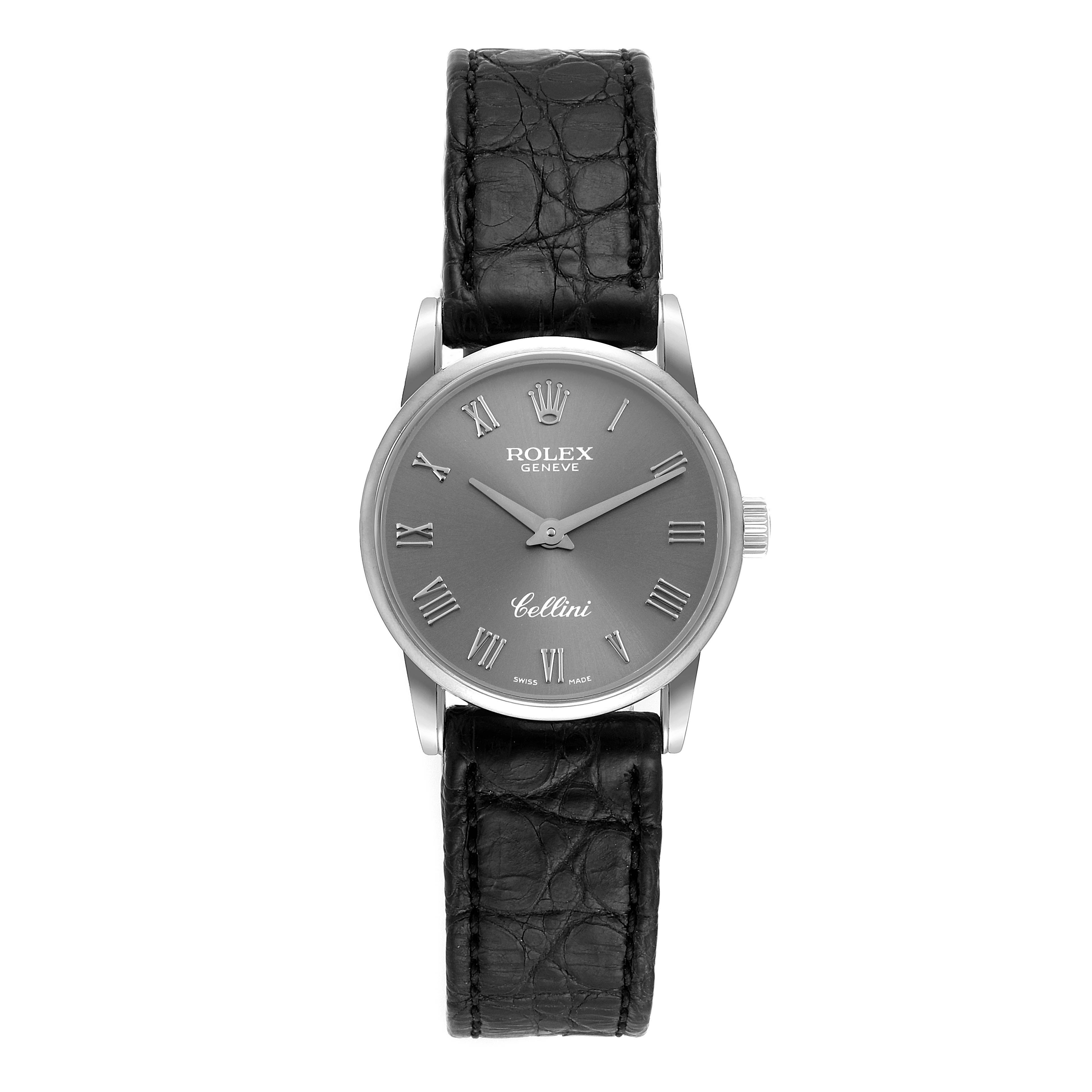 The image shows a front view of a Rolex Cellini 6111 Women's White Gold Grey Dial 6111 Women's White Gold Grey Dial watch, featuring a black leather strap and a gray dial with Roman numerals.