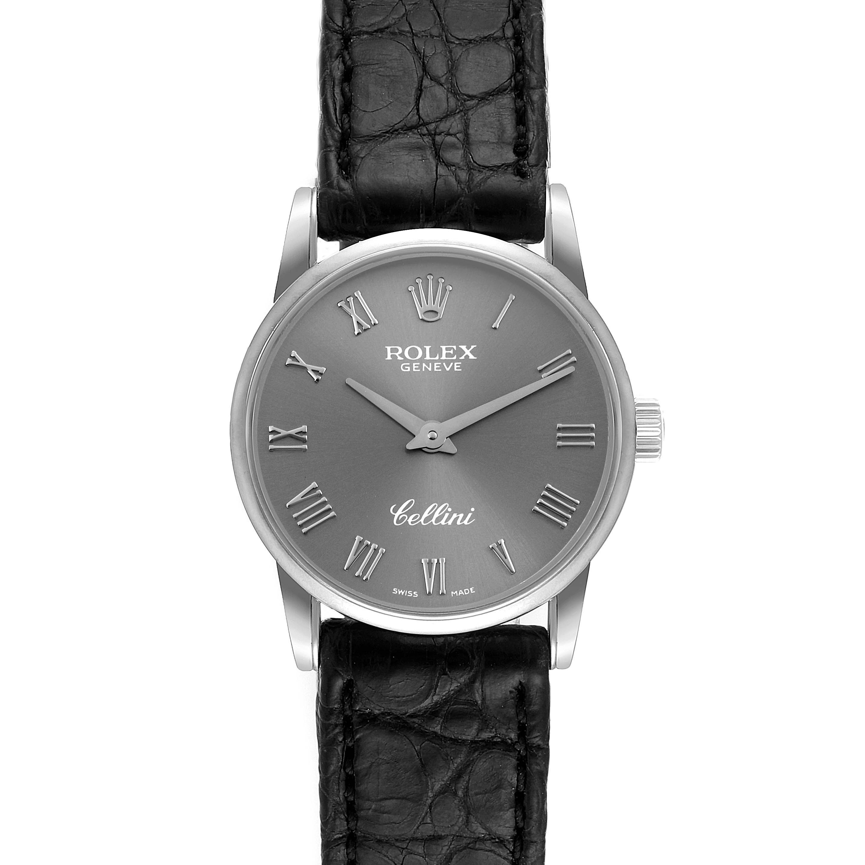 The Rolex Cellini 6111 Women's White Gold Grey Dial 6111 Women's White Gold Grey Dial watch is shown from the front, displaying the dial, hands, Roman numeral markers, and leather strap.