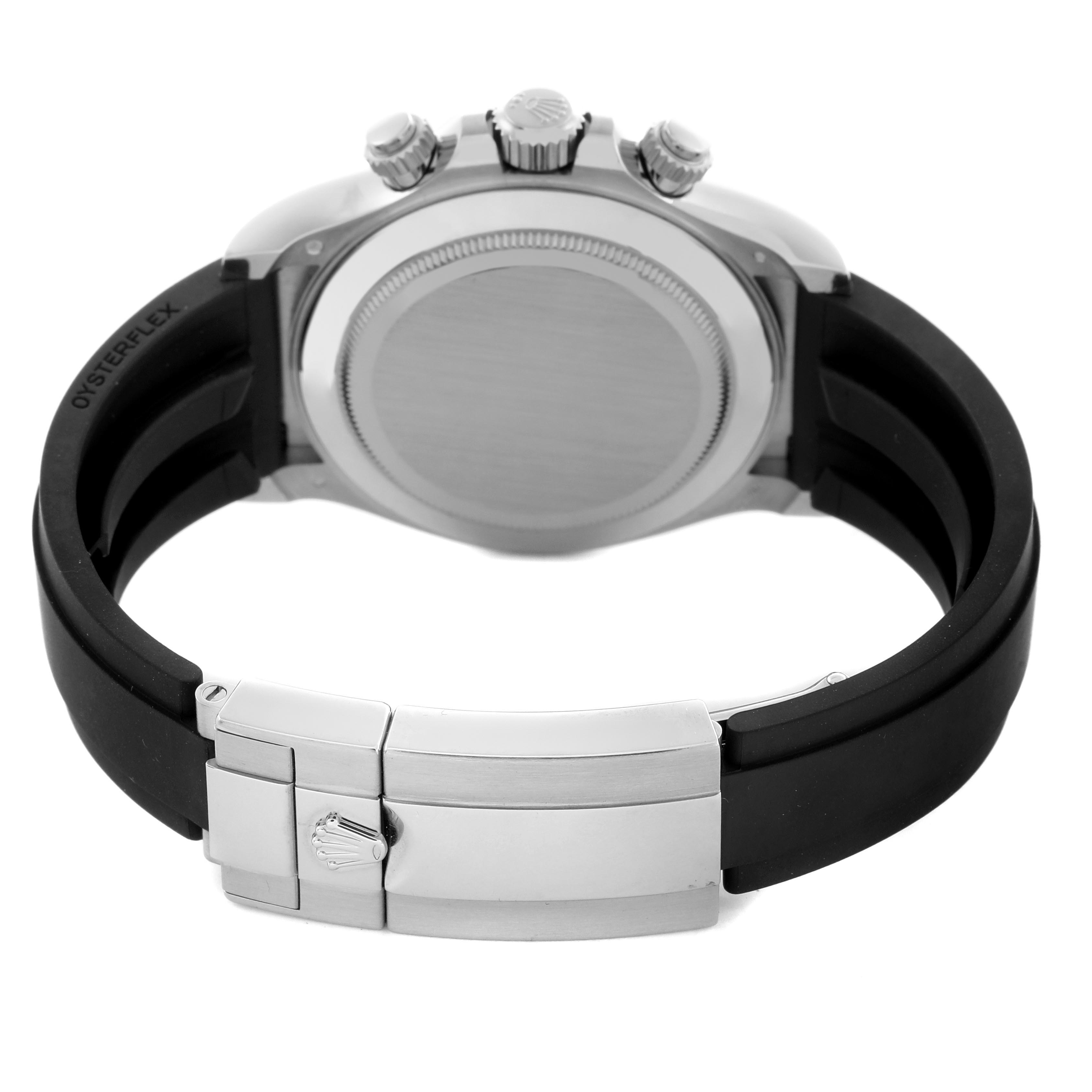 The image shows the back of the Rolex Daytona 116519 Men's White Gold Silver Dial 116519 Men's White Gold Silver Dial watch, highlighting the case, crown, pushers, and Oysterflex strap.