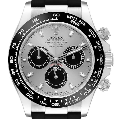 The image shows a front view of a Rolex Daytona watch, highlighting the dial, bezel, and pushers.