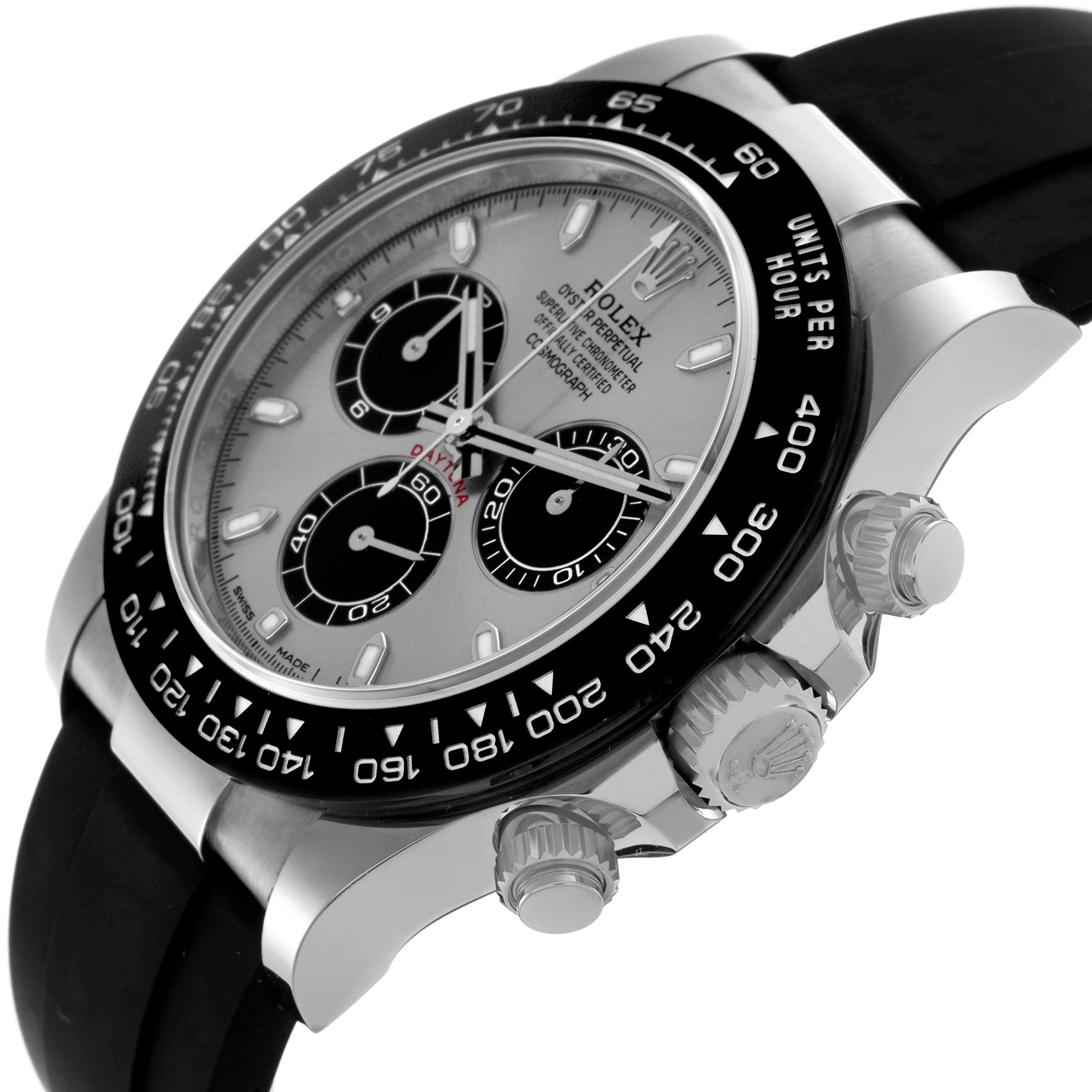 The Rolex Daytona 116519 Men's White Gold Silver Dial 116519 Men's White Gold Silver Dial watch is shown at an angle highlighting the face, bezel, and crown with pushers.