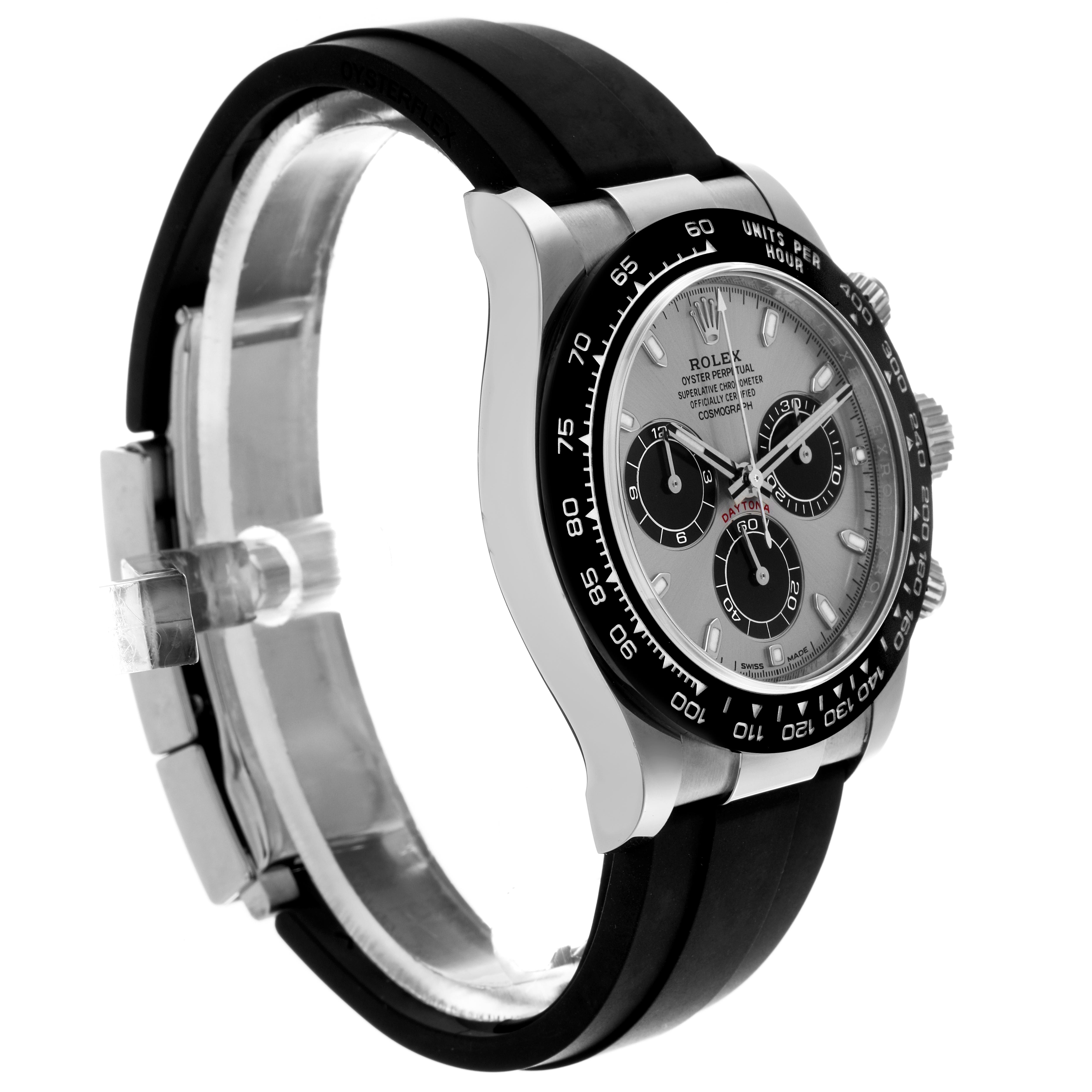 The image shows a side view of a Rolex Daytona 116519 Men's White Gold Silver Dial 116519 Men's White Gold Silver Dial watch, highlighting the case, bezel, crown, pushers, and rubber strap.