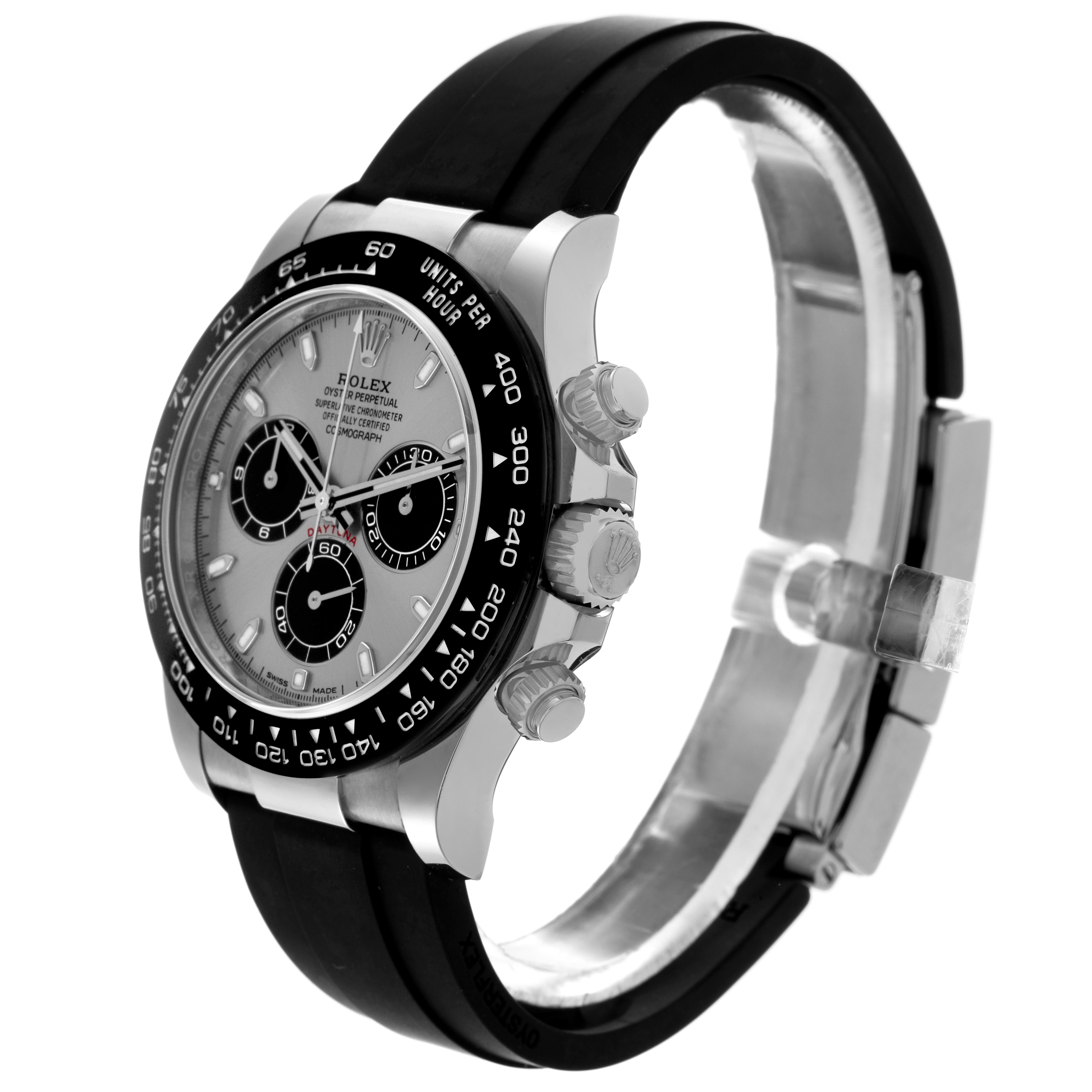 The Rolex Daytona 116519 Men's White Gold Silver Dial 116519 Men's White Gold Silver Dial watch is shown at a three-quarter angle, displaying the face, bezel, crown, pushers, and strap.