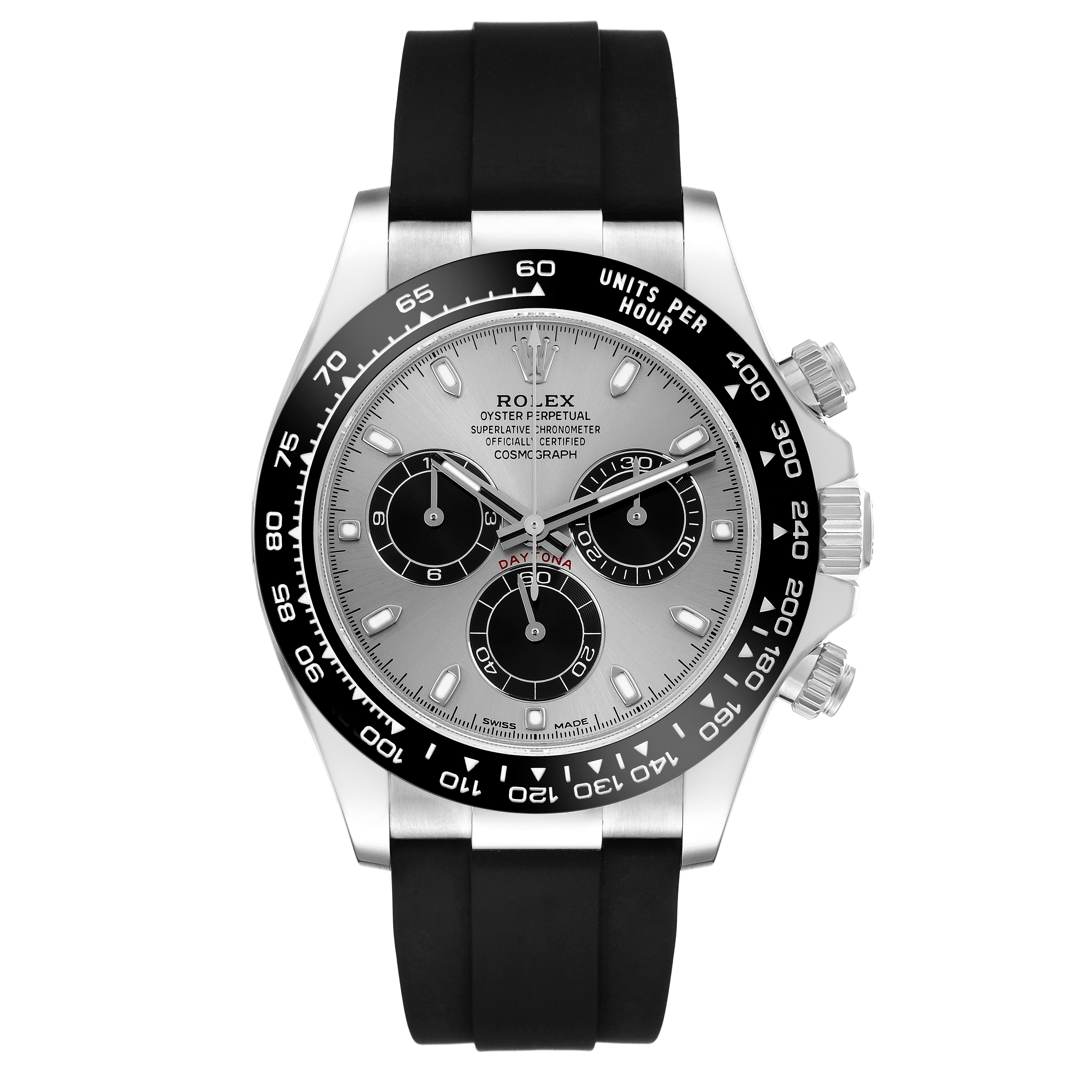 The image shows a frontal view of the Rolex Daytona 116519 Men's White Gold Silver Dial 116519 Men's White Gold Silver Dial watch, highlighting the dial, bezel, and pushers.