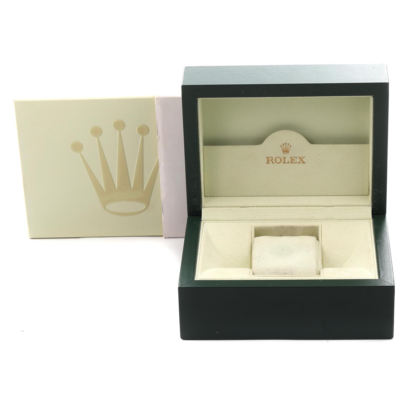 The image shows an open Rolex box for the Daytona model, with a green exterior and beige interior.