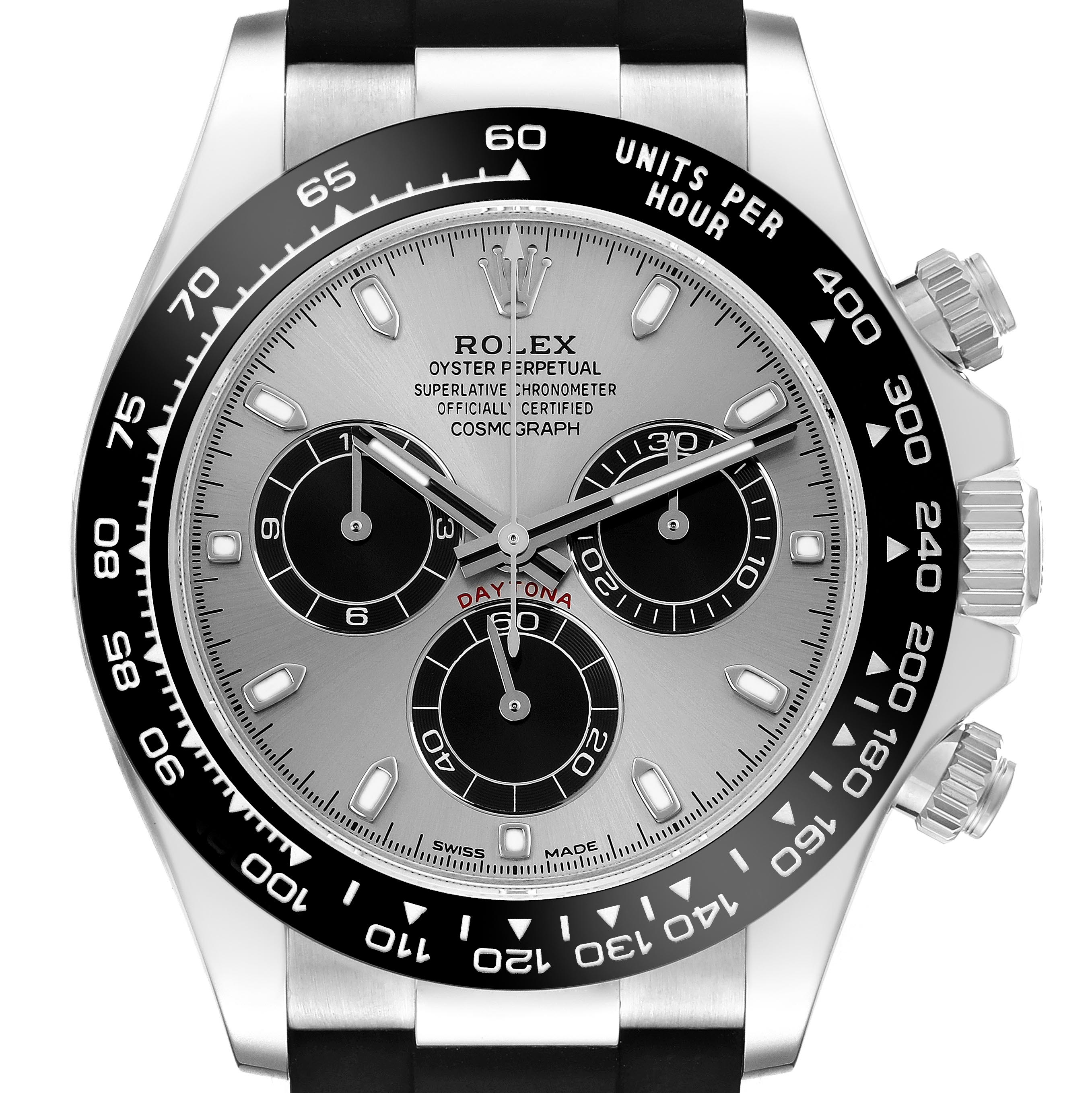 The Rolex Daytona 116519 Men's White Gold Silver Dial 116519 Men's White Gold Silver Dial watch is shown from a front angle, highlighting its dial, bezel, and crown.
