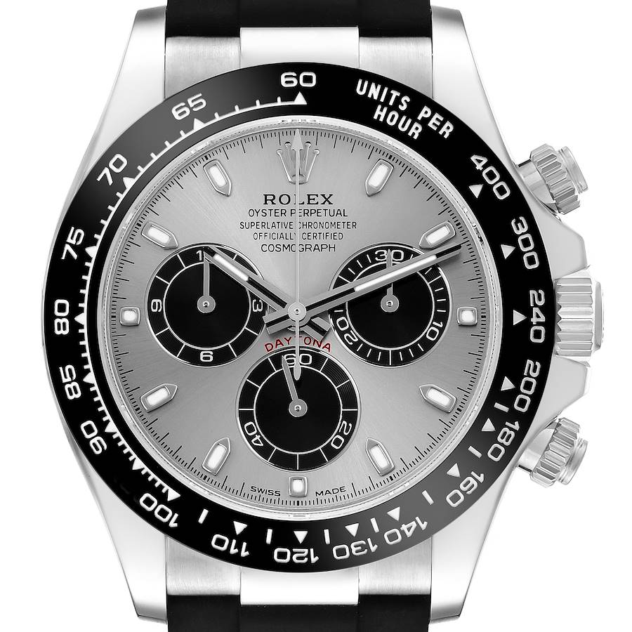 The Rolex Daytona watch is shown from a front angle, highlighting its dial, bezel, and crown.