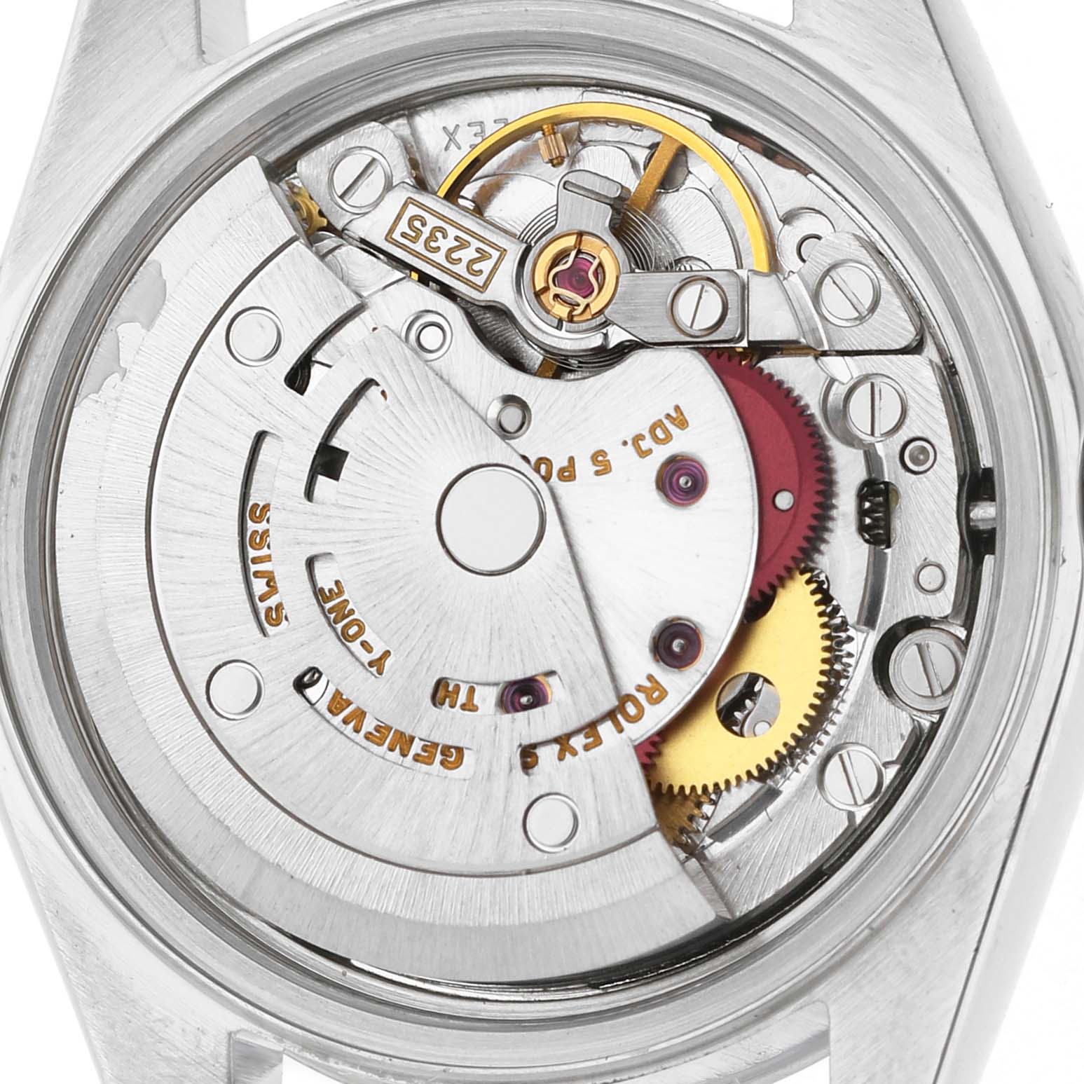The image shows the inner mechanism of a Rolex Date 79160 Women's Stainless Steel Pink Dial model, highlighting gears, screws, and the rotor from a top-down angle.