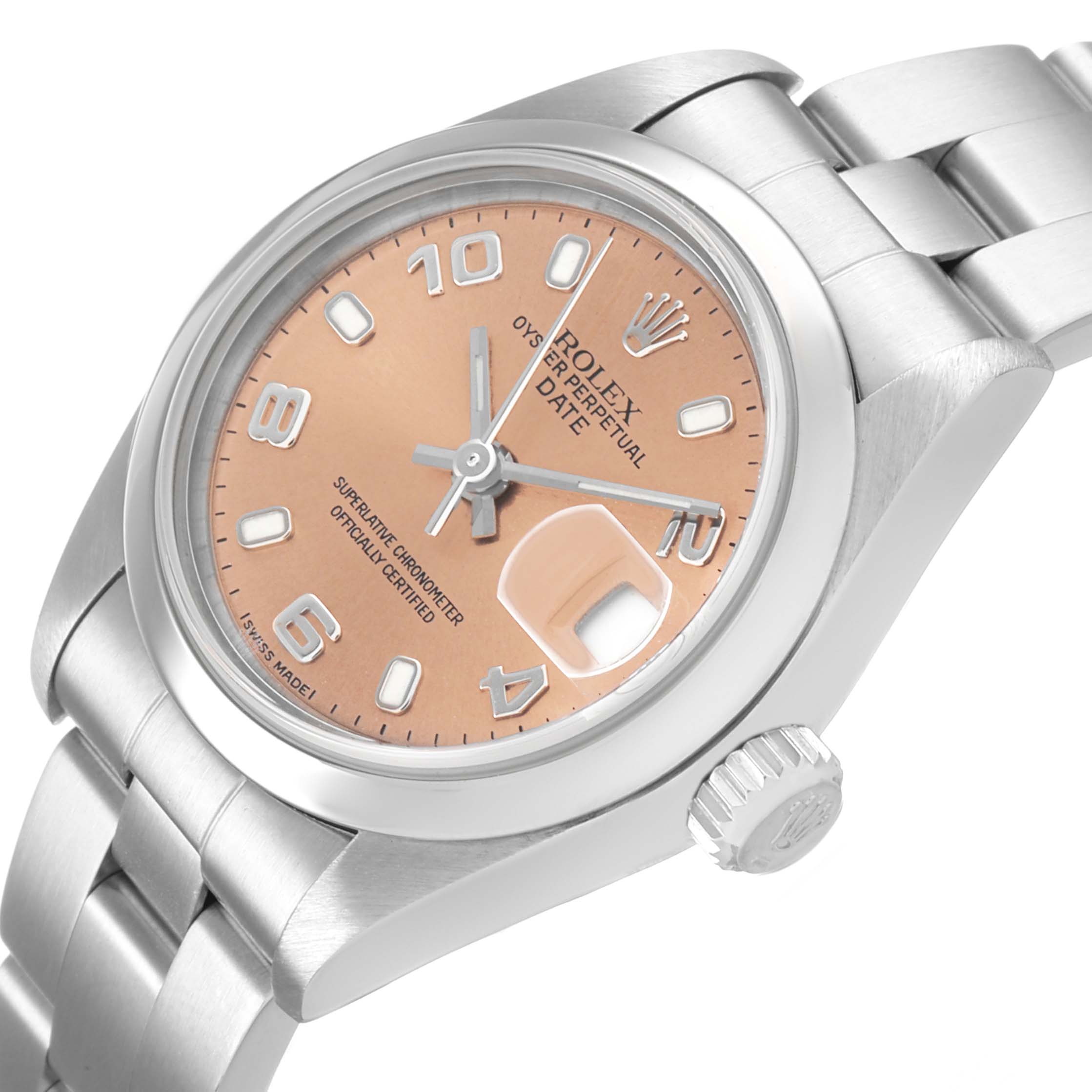 The Rolex Date 79160 Women's Stainless Steel Pink Dial watch is shown from a tilted angle, displaying the pink dial, silver indices, crown, and part of the bracelet.
