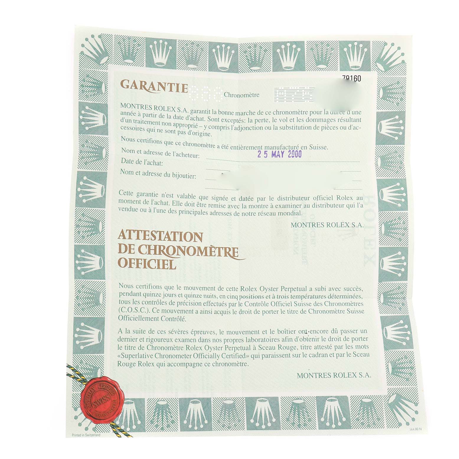 This image shows a warranty certificate for the Rolex Date 79160 Women's Stainless Steel Pink Dial model, featuring text and a decorative border.