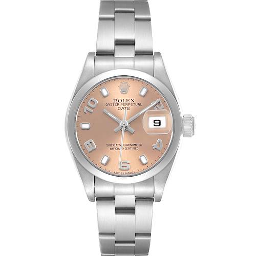 The Rolex Date 79160 Women's Stainless Steel Pink Dial watch is shown from a frontal angle, displaying the dial, bracelet, and crown.