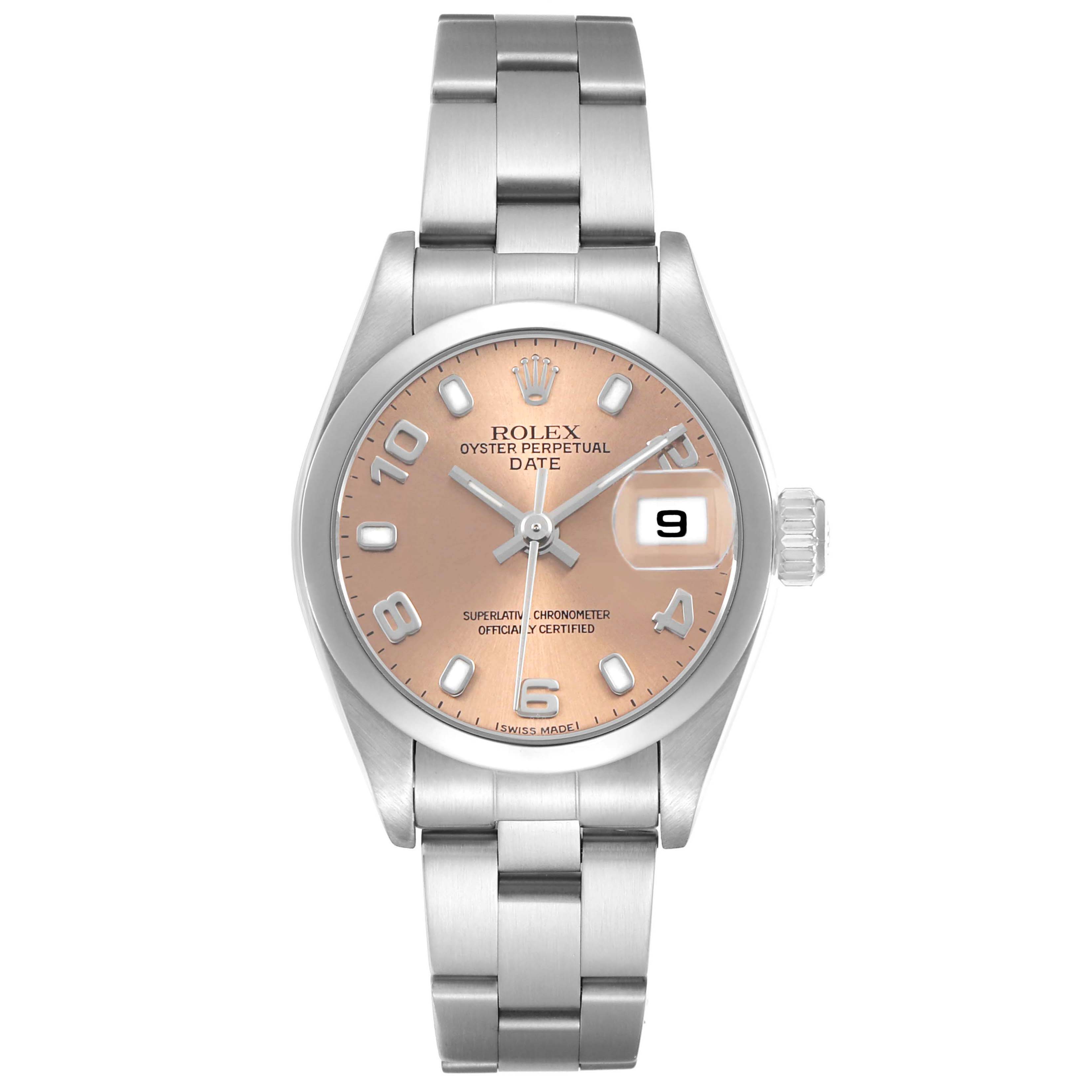 The Rolex Date 79160 Women's Stainless Steel Pink Dial model watch is shown from a top-down angle, highlighting the dial, bracelet, case, and crown.