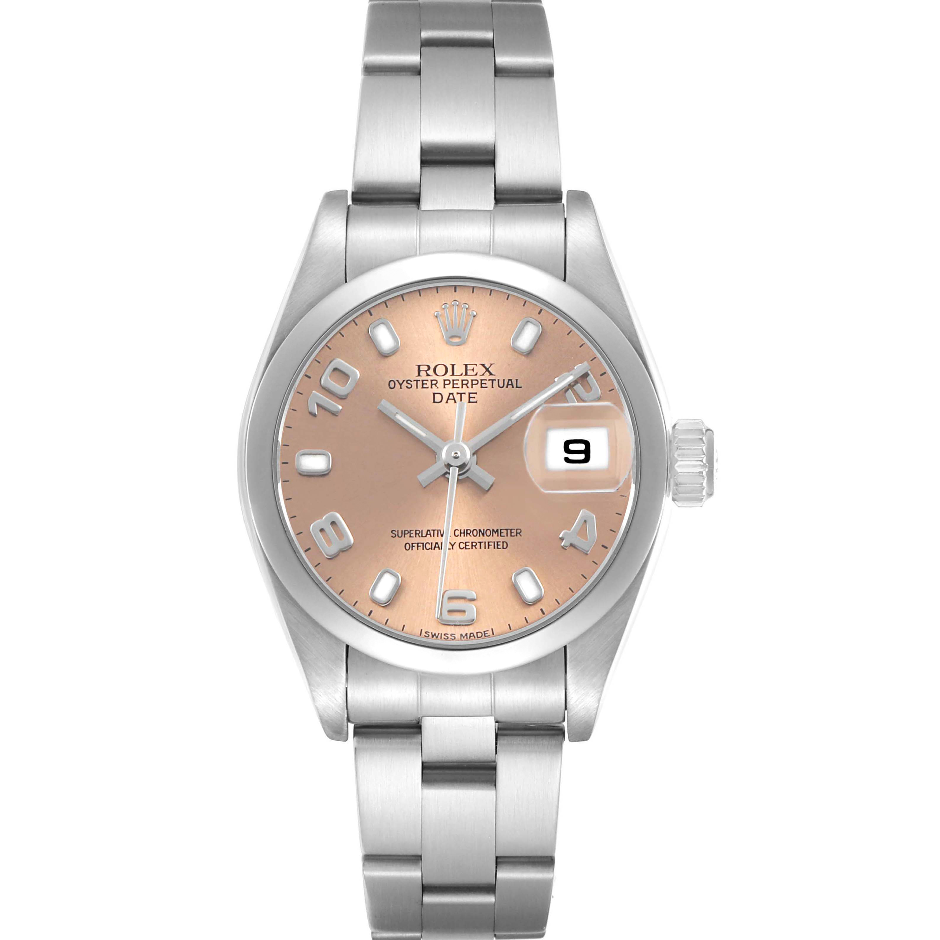 The Rolex Date 79160 Women's Stainless Steel Pink Dial watch is shown from a front angle, displaying the dial, bracelet, crown, and case with a date window.