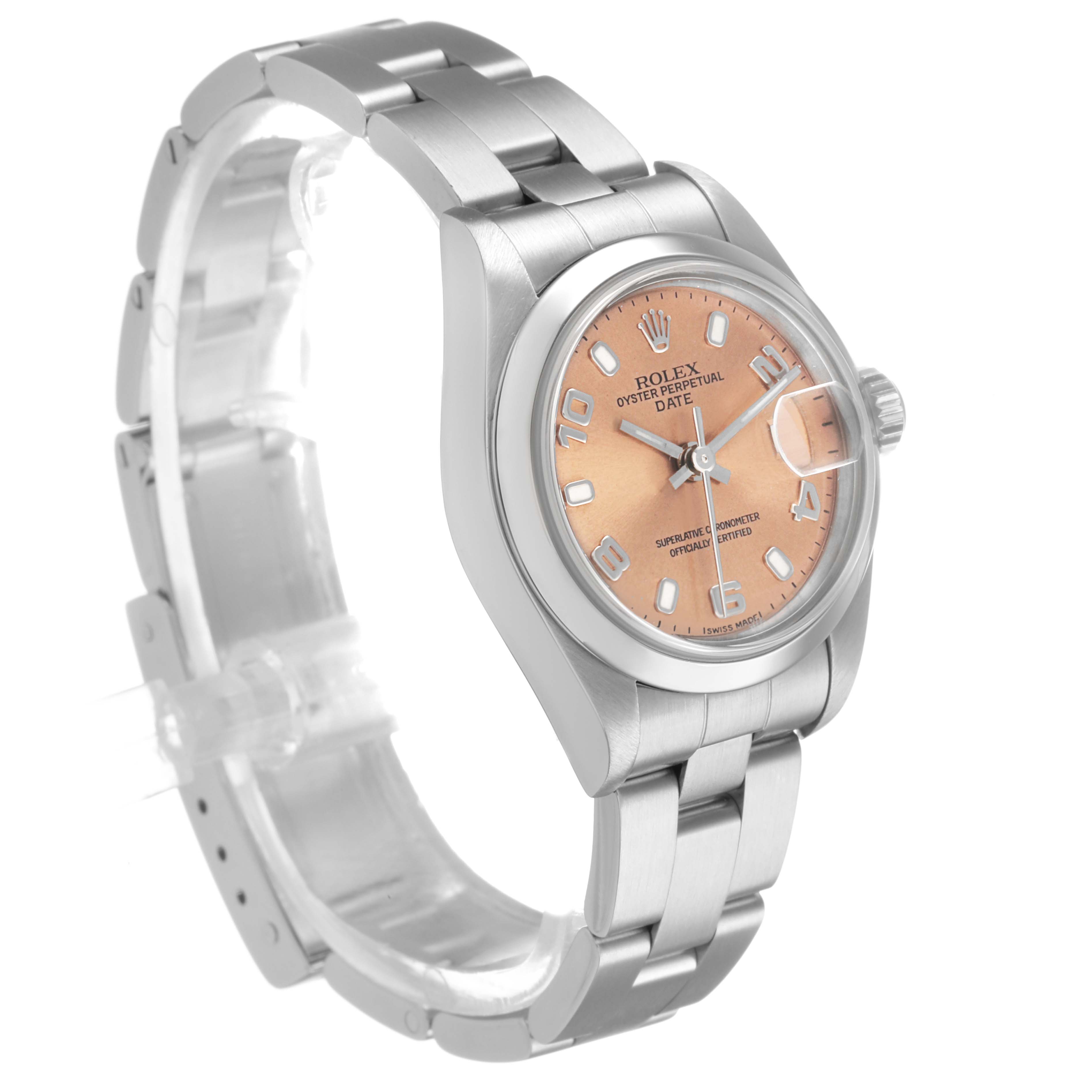 The Rolex Date 79160 Women's Stainless Steel Pink Dial watch is shown at a three-quarter angle, highlighting its dial, crown, and bracelet.