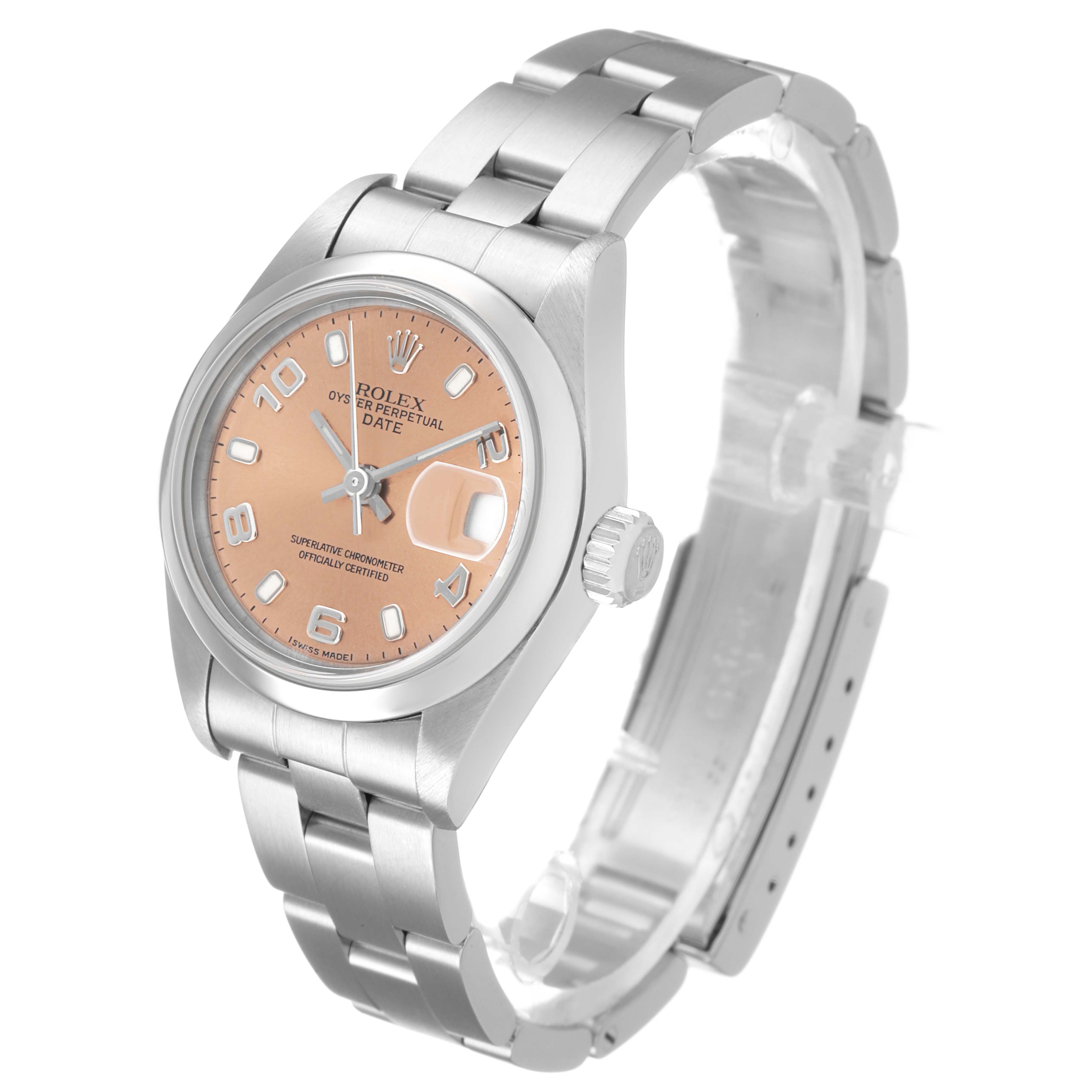 The Rolex Date 79160 Women's Stainless Steel Pink Dial watch is shown at a three-quarter angle, highlighting the dial, crown, and bracelet.