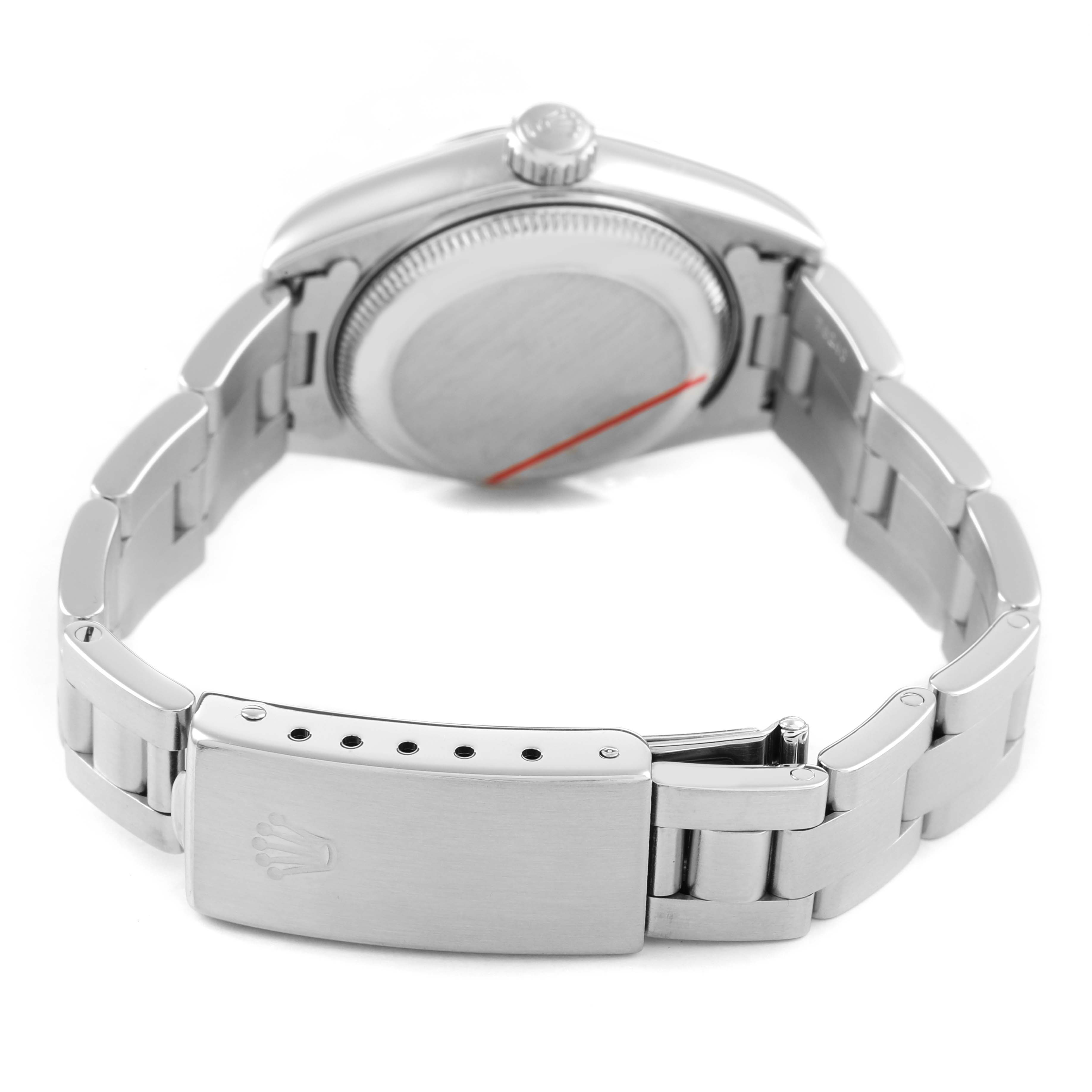 The image shows the back and bracelet of a Rolex Date 79160 Women's Stainless Steel Pink Dial watch, focusing on the clasp and case back at an angled view.