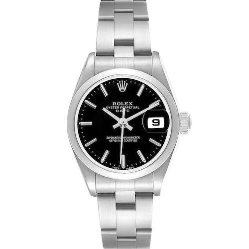 The Rolex Date watch is shown from a front angle, displaying its black dial, bracelet, and date window.