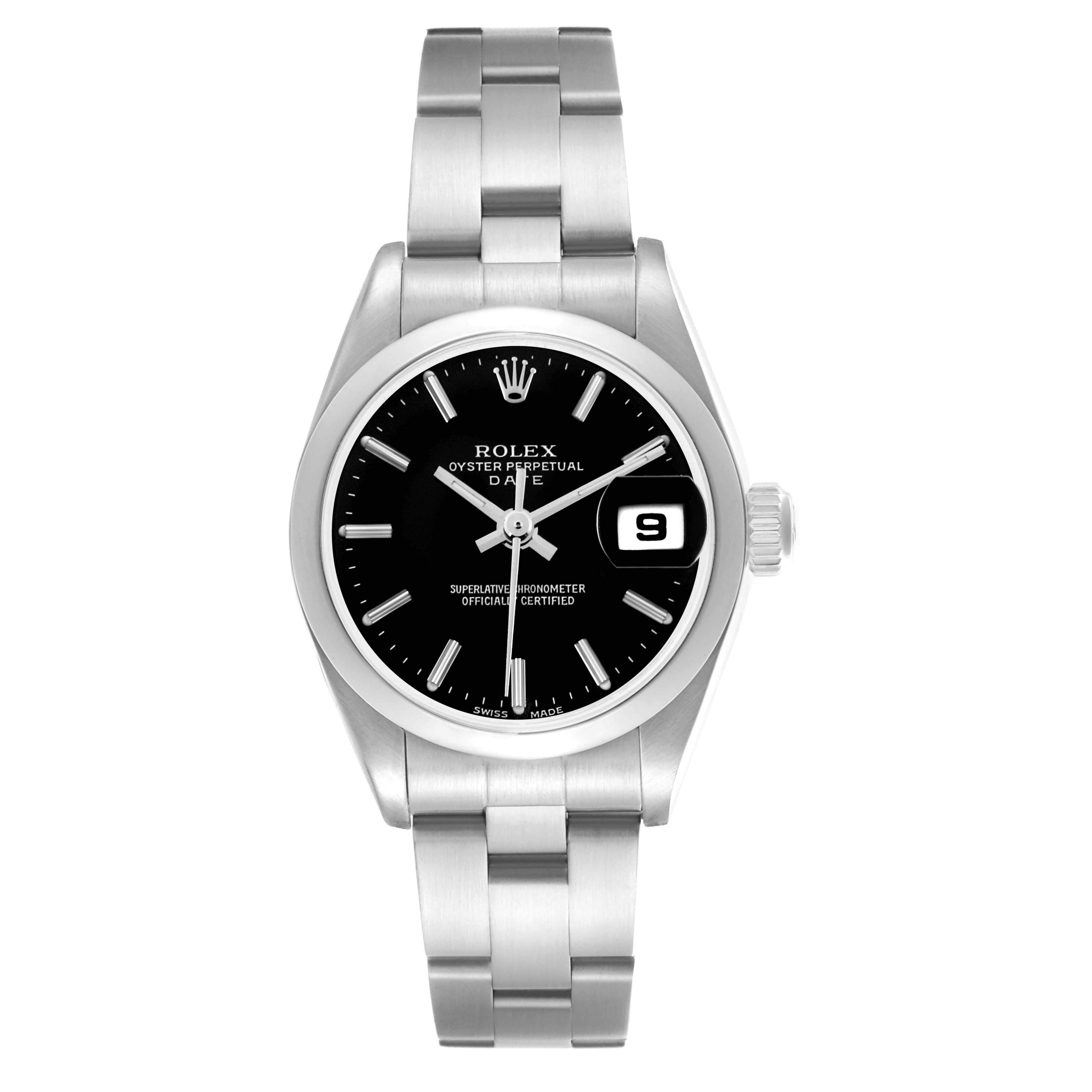 The Rolex Date 79160 Women's Stainless Steel Black Dial 79160 Women's Stainless Steel Black Dial model watch is shown from the front, displaying the dial, hands, bracelet, and date window.