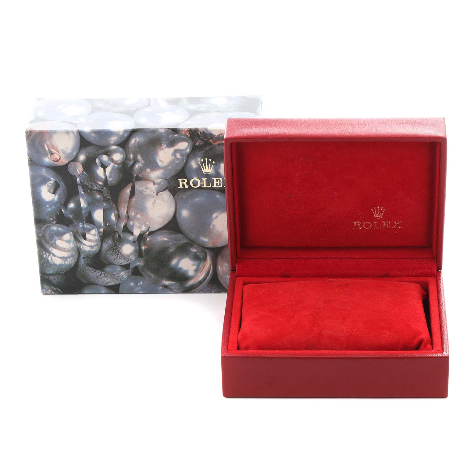 The image shows a Rolex Date 79160 Women's Stainless Steel Black Dial 79160 Women's Stainless Steel Black Dial model box, displayed open, with a red velvet interior and a branded sleeve beside it.