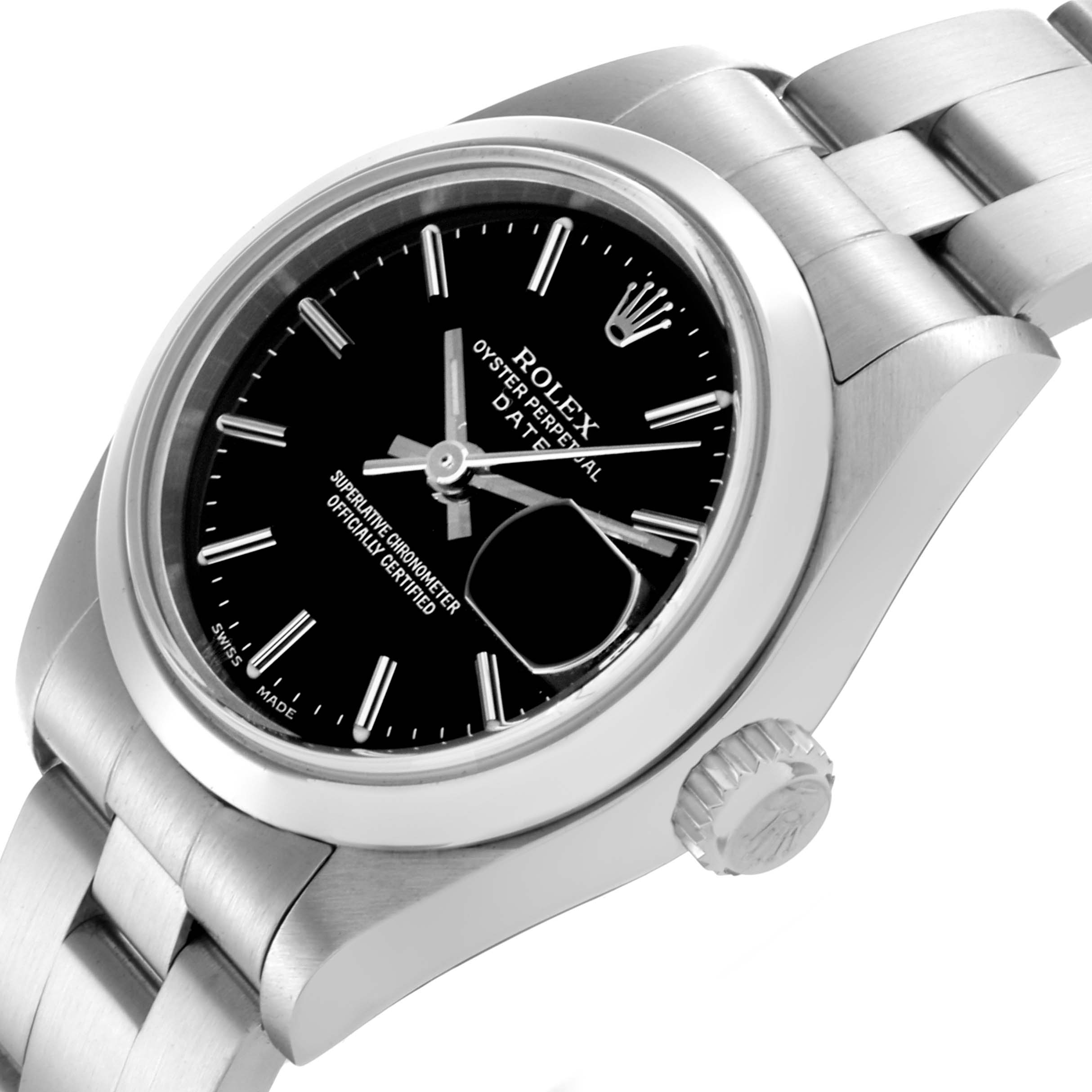 The Rolex Date 79160 Women's Stainless Steel Black Dial 79160 Women's Stainless Steel Black Dial watch is shown at an angled view highlighting the dial, bezel, crown, and bracelet.