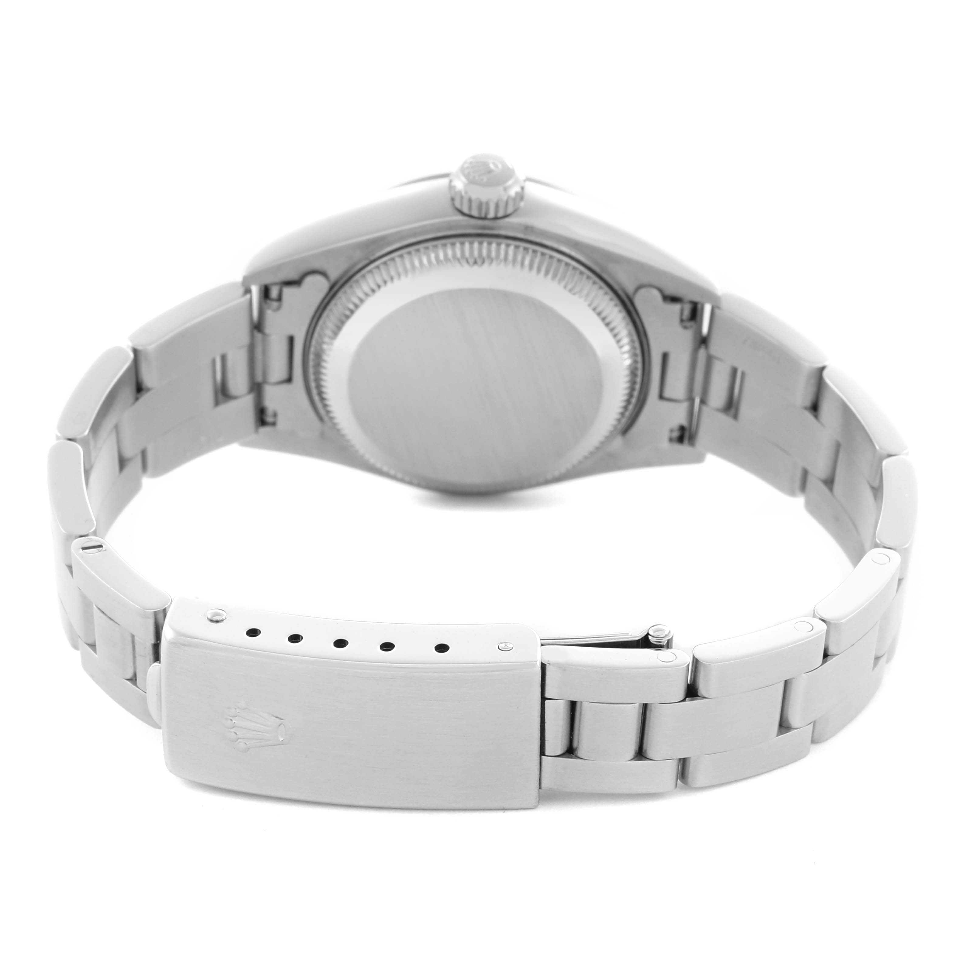 The image shows the back of a Rolex Date 79160 Women's Stainless Steel Black Dial 79160 Women's Stainless Steel Black Dial watch, highlighting the bracelet, clasp, and case back.