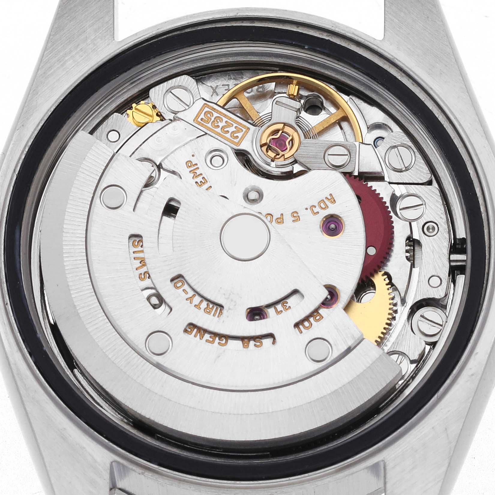 The image shows the internal movement of a Rolex Date 79160 Women's Stainless Steel Black Dial 79160 Women's Stainless Steel Black Dial watch from a top-down angle, highlighting gears and mechanical components.