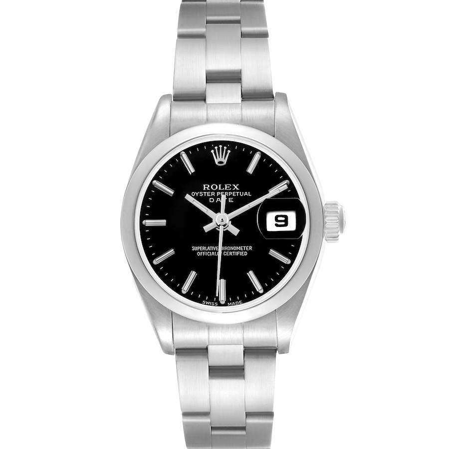 The Rolex Date model is shown from the front, highlighting its black dial, date window, and stainless steel bracelet.