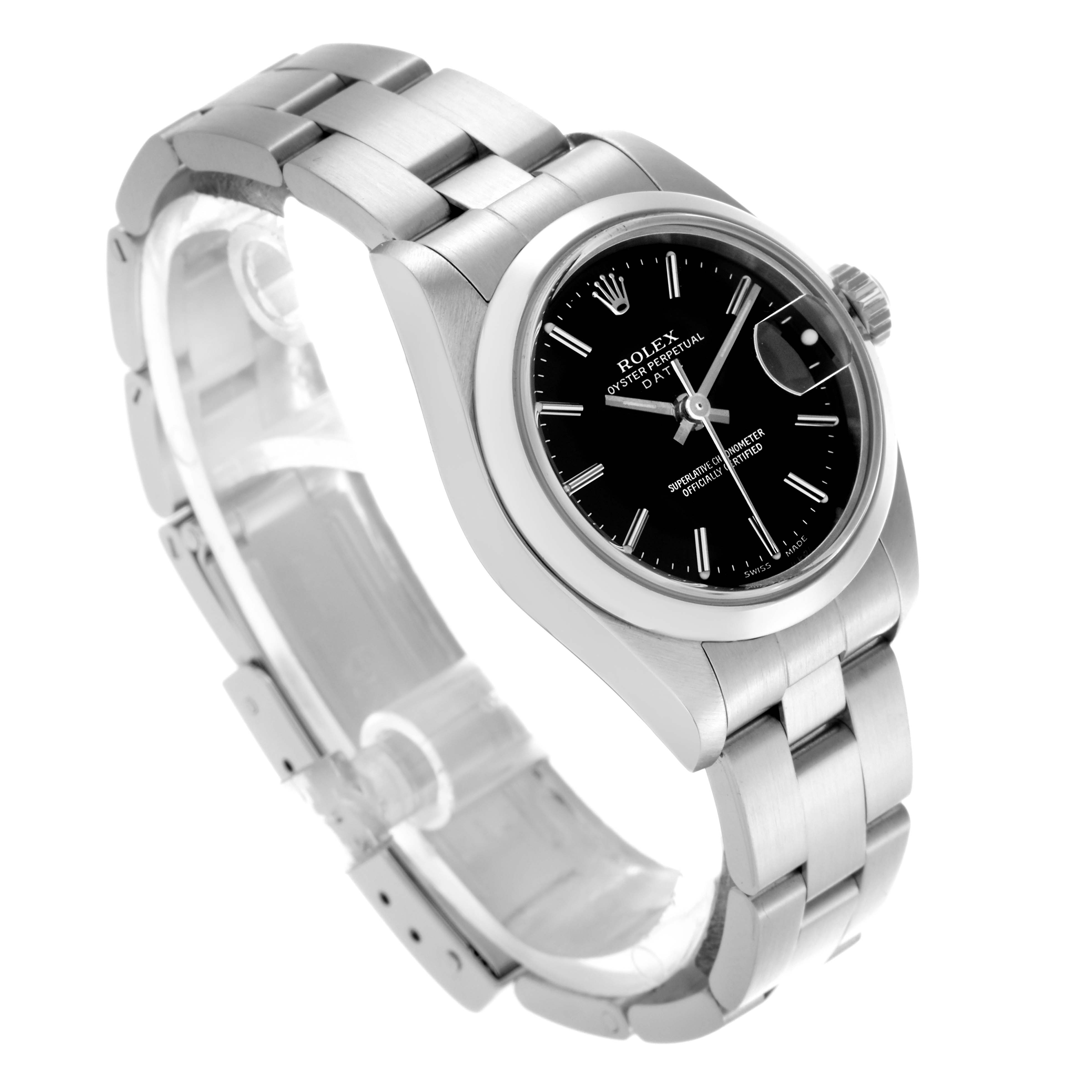 The Rolex Date 79160 Women's Stainless Steel Black Dial 79160 Women's Stainless Steel Black Dial model is shown at a three-quarter angle, highlighting the face, bezel, bracelet, and crown.