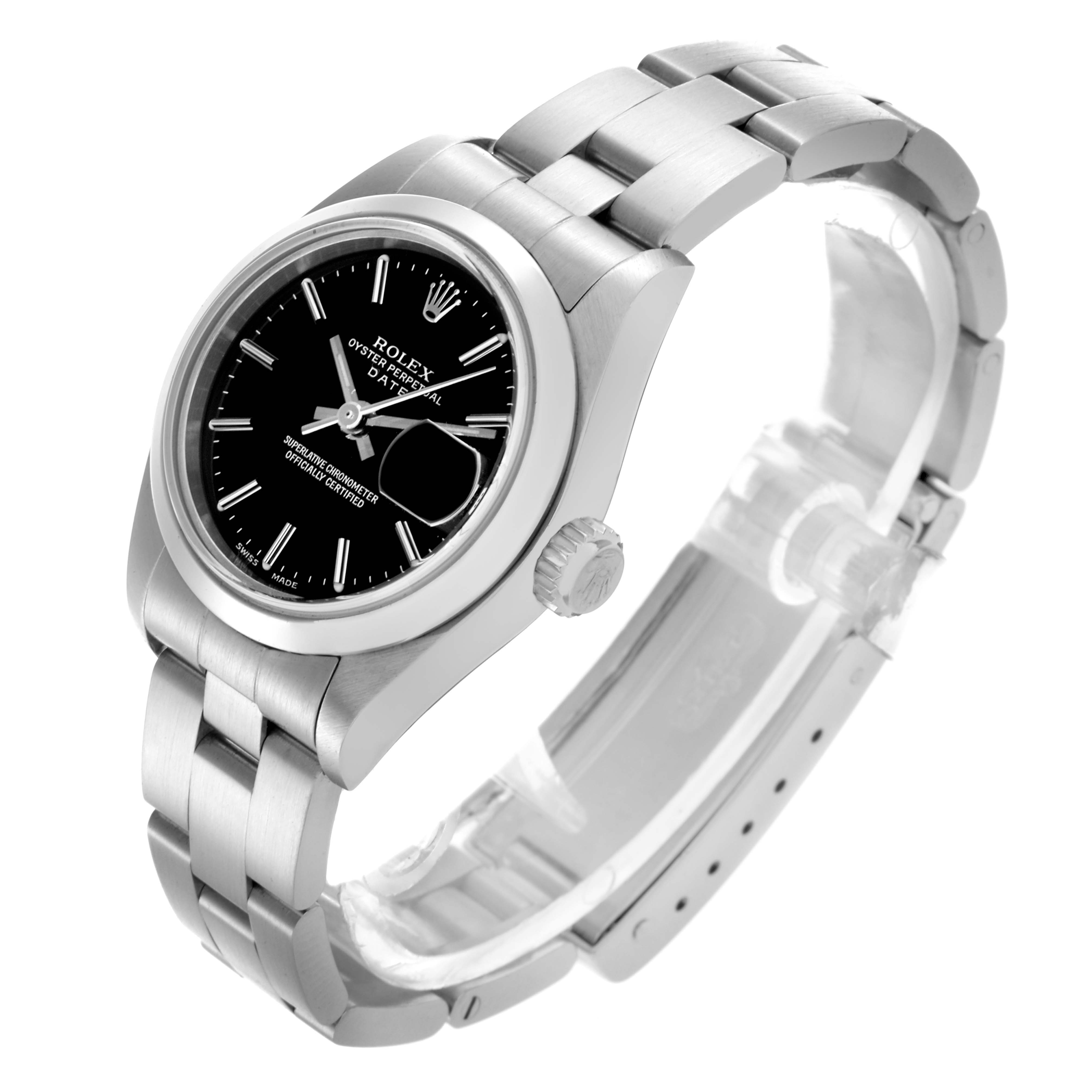 The Rolex Date 79160 Women's Stainless Steel Black Dial 79160 Women's Stainless Steel Black Dial watch is shown at an angle displaying the dial, crown, and part of the bracelet.