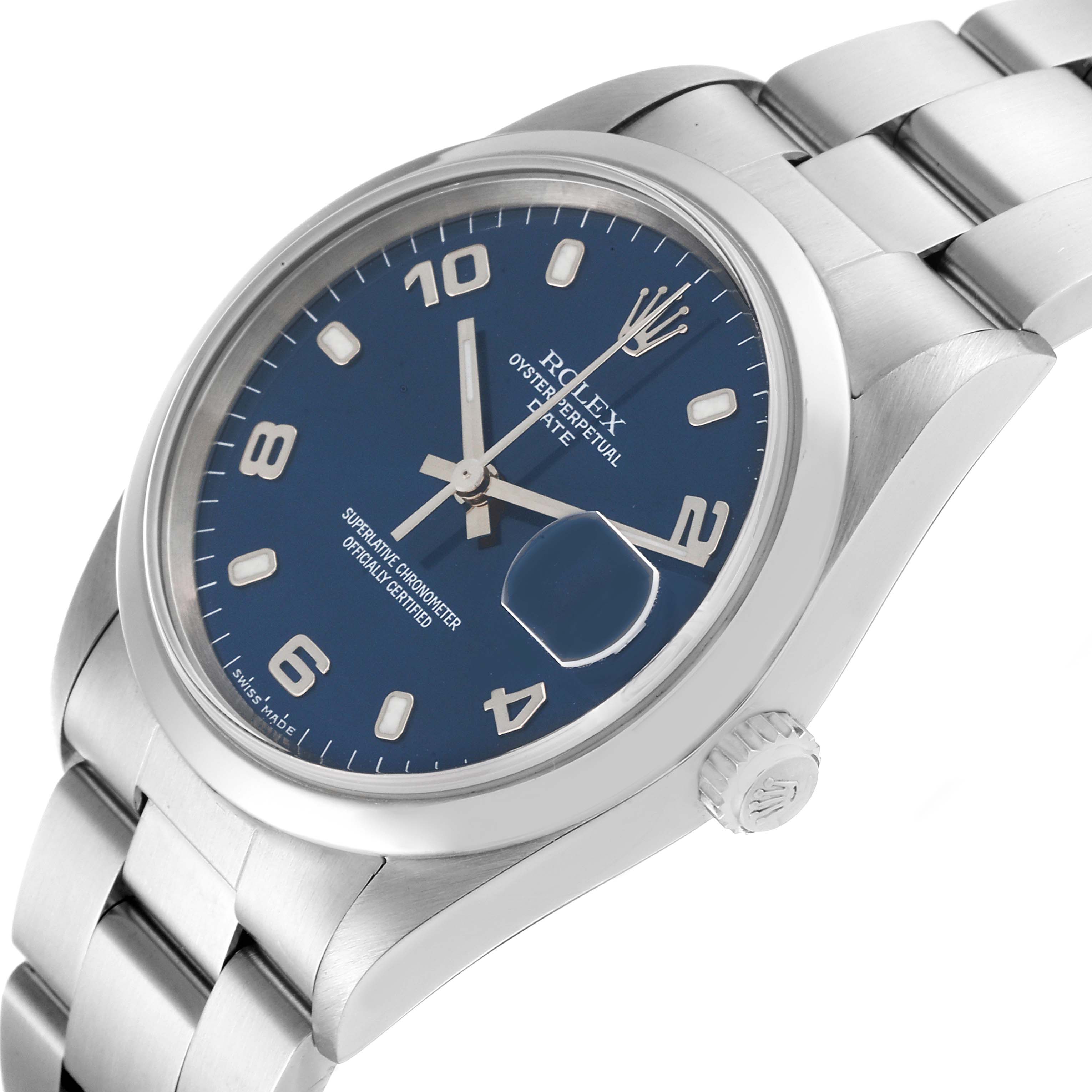 The Rolex Date 15200 Men's Stainless Steel Blue Dial 15200 Men's Stainless Steel Blue Dial watch is shown at a slight side angle, featuring its blue dial, bezel, bracelet, and crown.