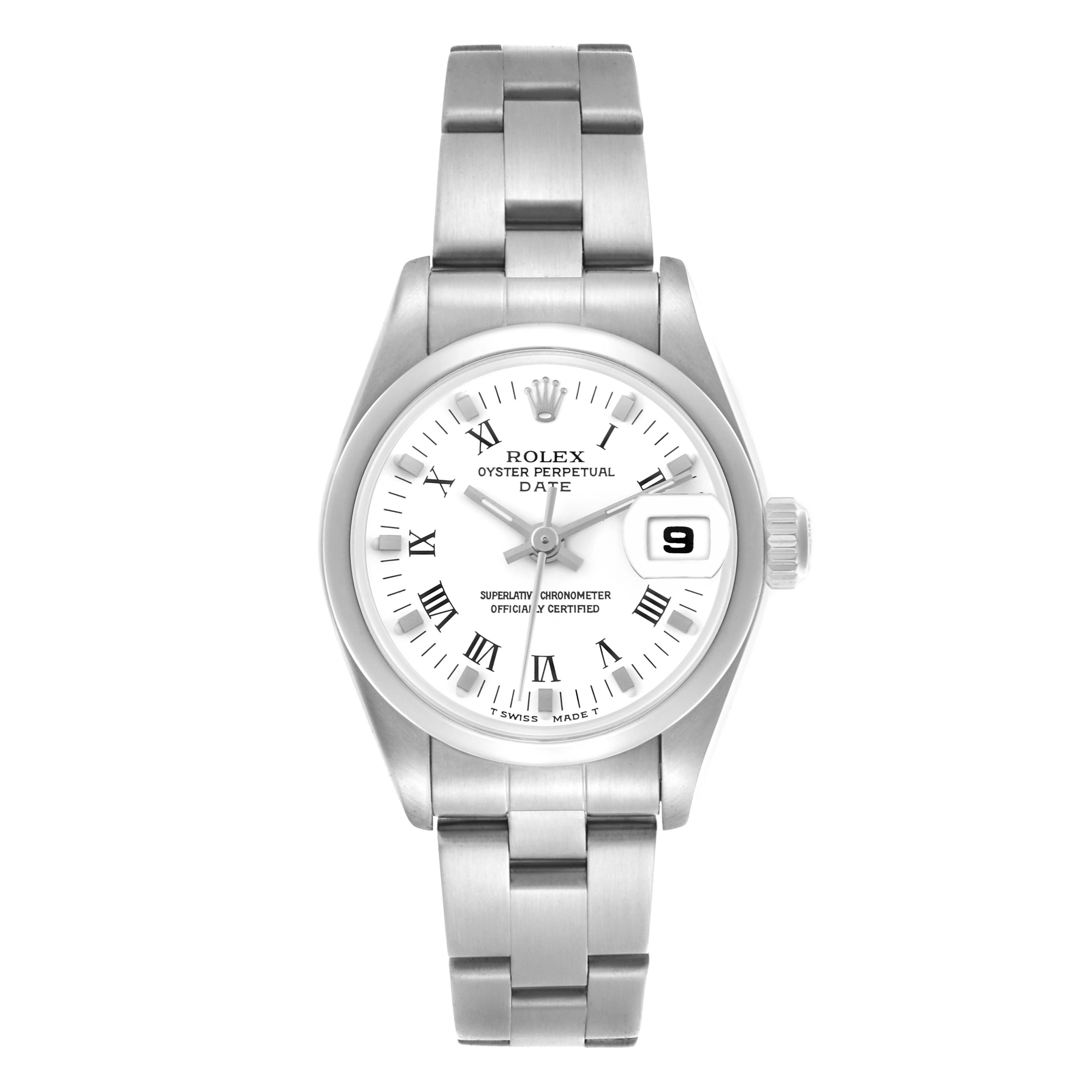 The Rolex Date 69160 Women's Stainless Steel White Dial 69160 Women's Stainless Steel White Dial watch is shown from a top view, displaying the bracelet, dial, and crown.