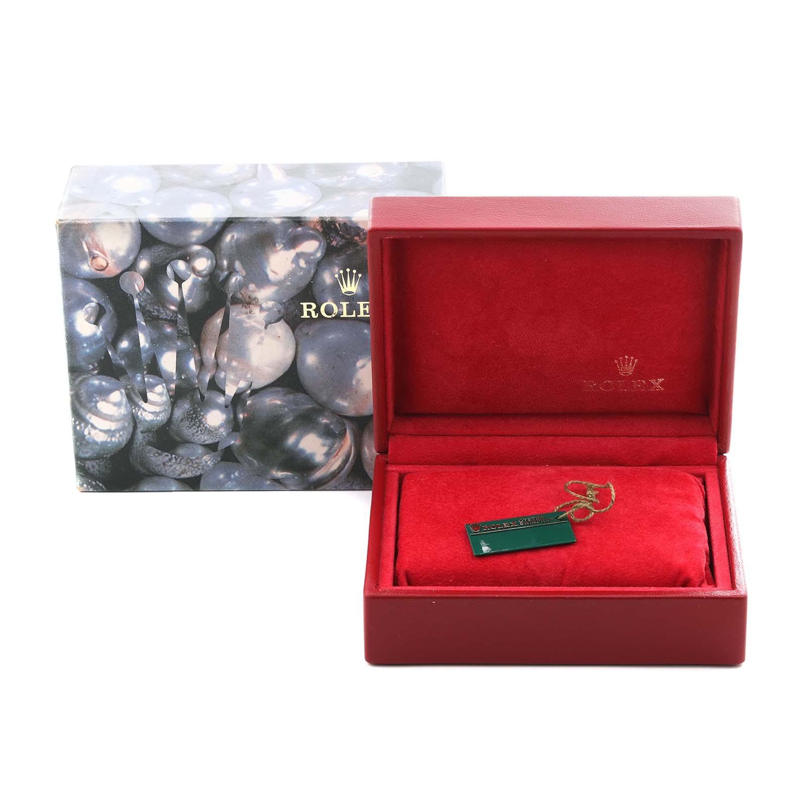 The image shows a Rolex Date 69160 Women's Stainless Steel White Dial 69160 Women's Stainless Steel White Dial model watch's red box and outer packaging, viewed from the front, with a tag inside.