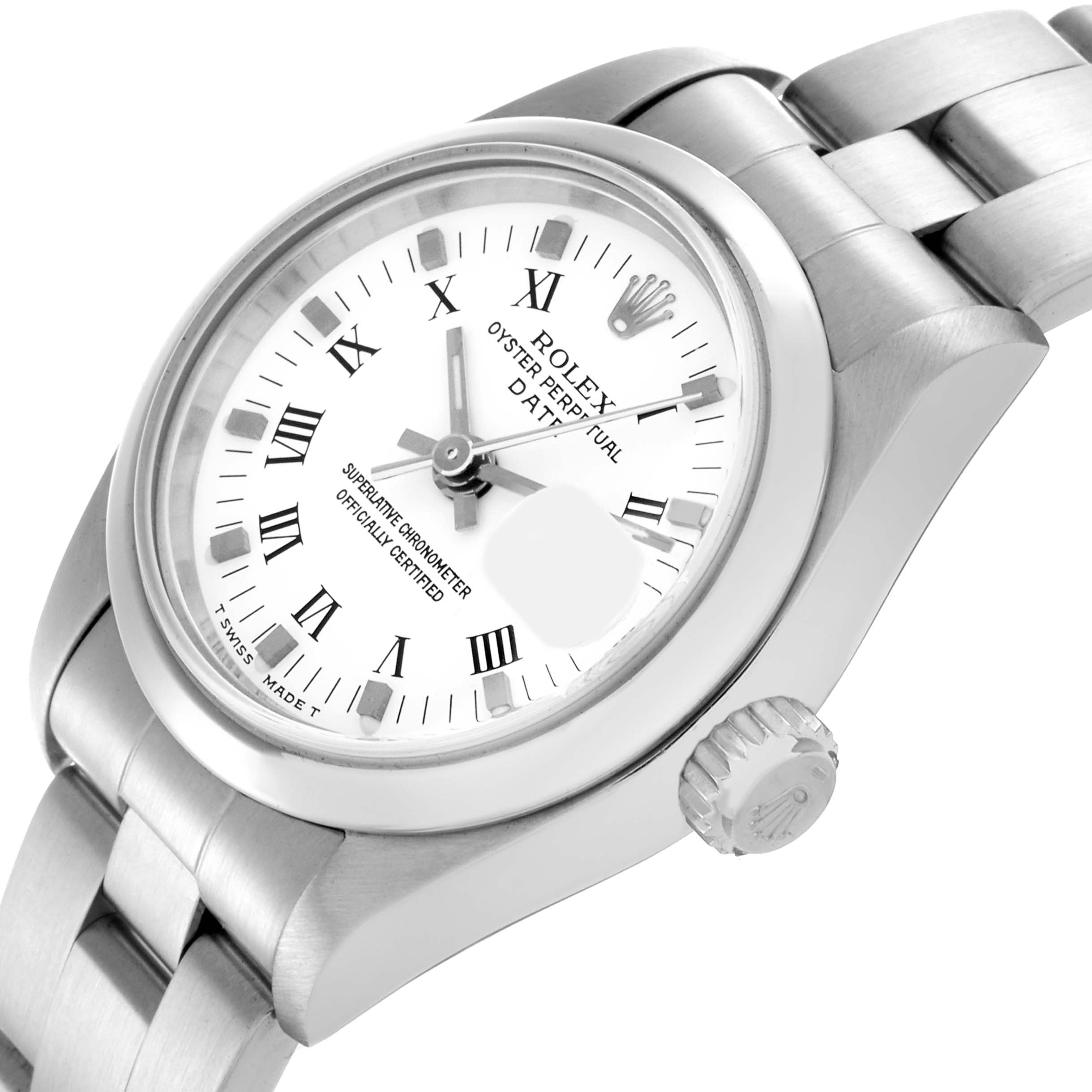 The Rolex Date 69160 Women's Stainless Steel White Dial 69160 Women's Stainless Steel White Dial watch is shown at an angle, highlighting the dial, bezel, crown, and part of the bracelet.