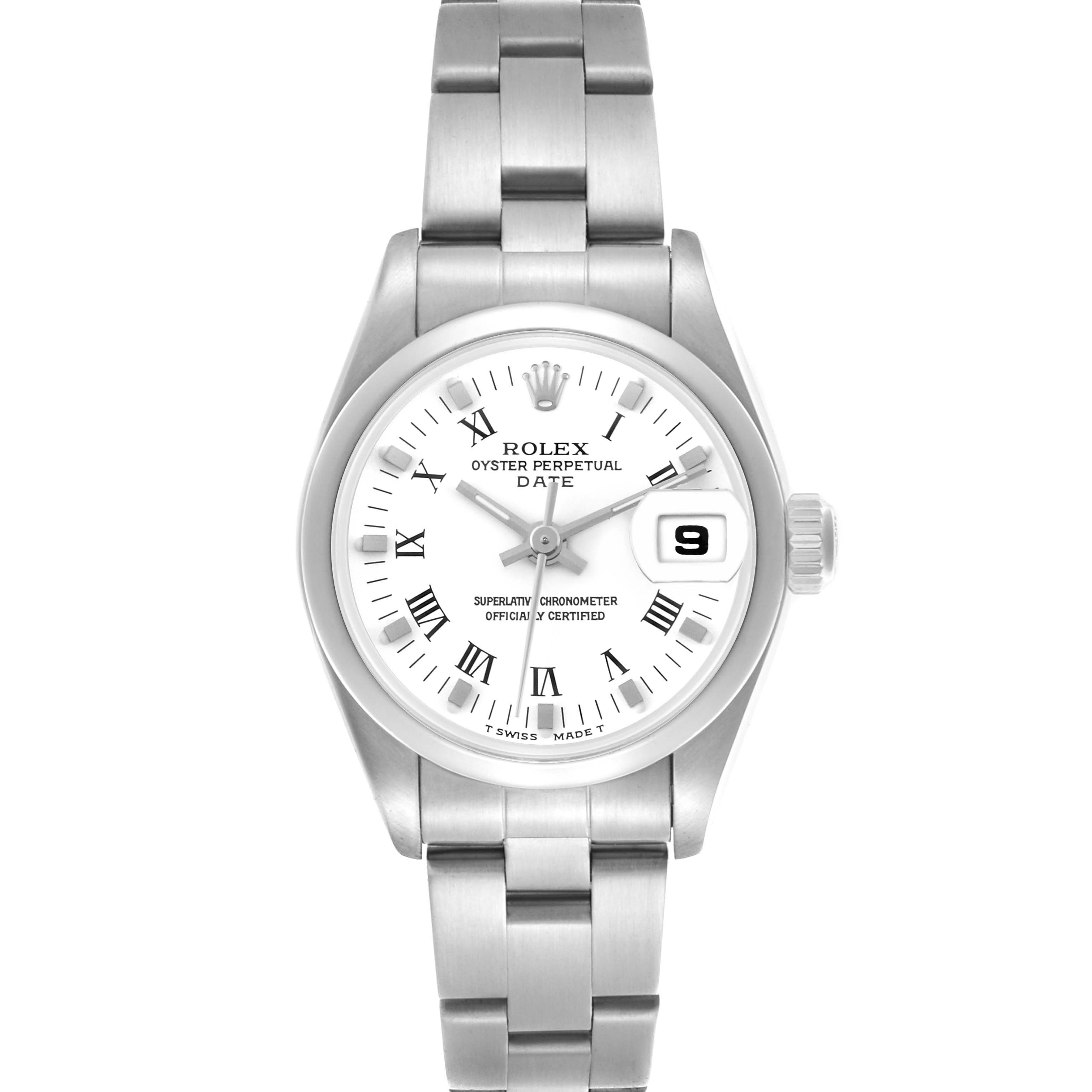 The Rolex Date 69160 Women's Stainless Steel White Dial 69160 Women's Stainless Steel White Dial watch is shown from the front, displaying its dial, bezel, bracelet, and crown.