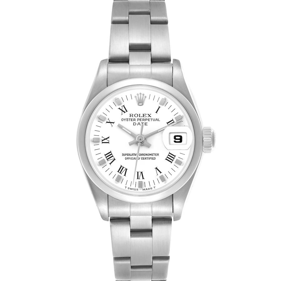 The Rolex Date watch is shown from the front, displaying its dial, bezel, bracelet, and crown.