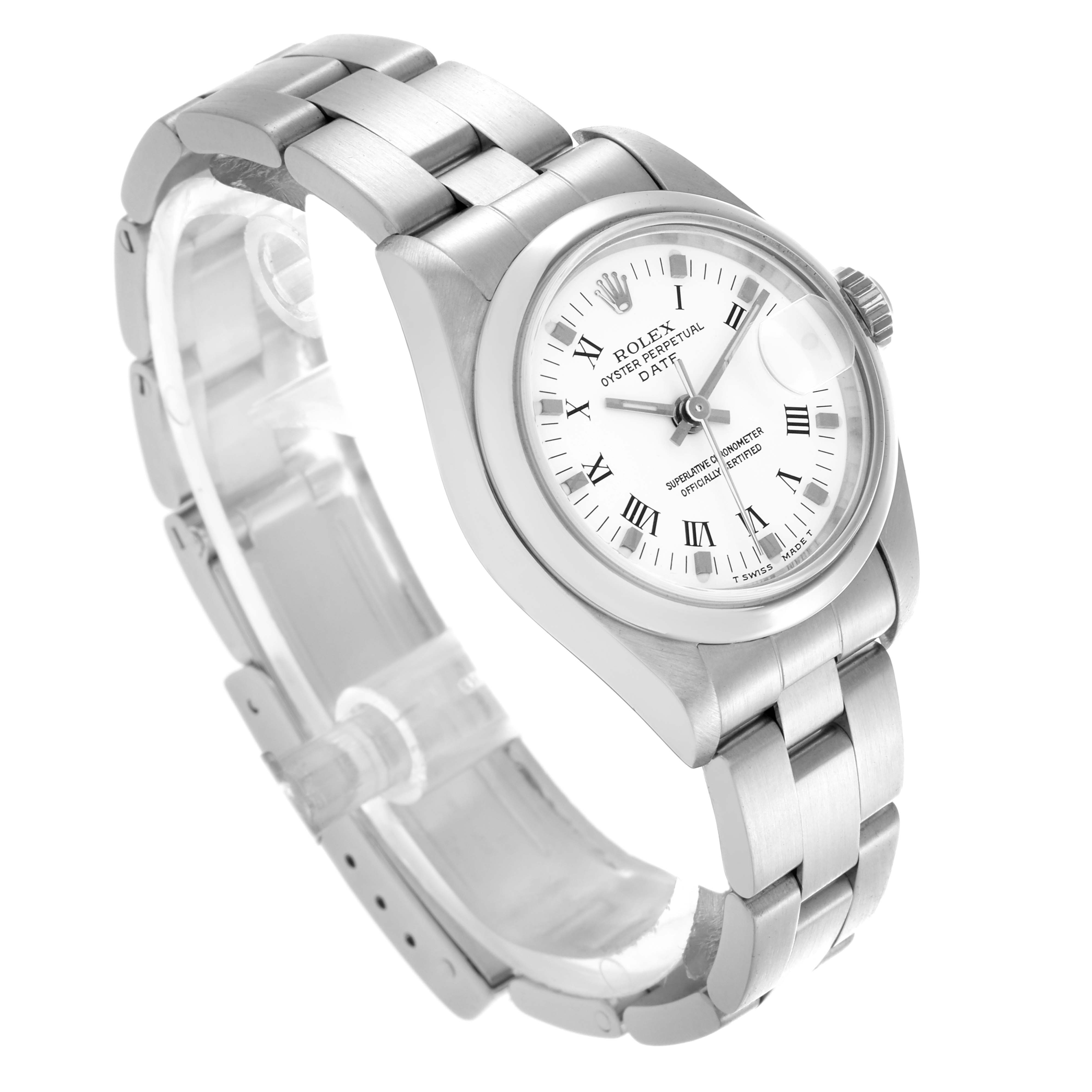 The Rolex Date 69160 Women's Stainless Steel White Dial 69160 Women's Stainless Steel White Dial watch is shown from a high-angle view, highlighting the face, bezel, and bracelet.