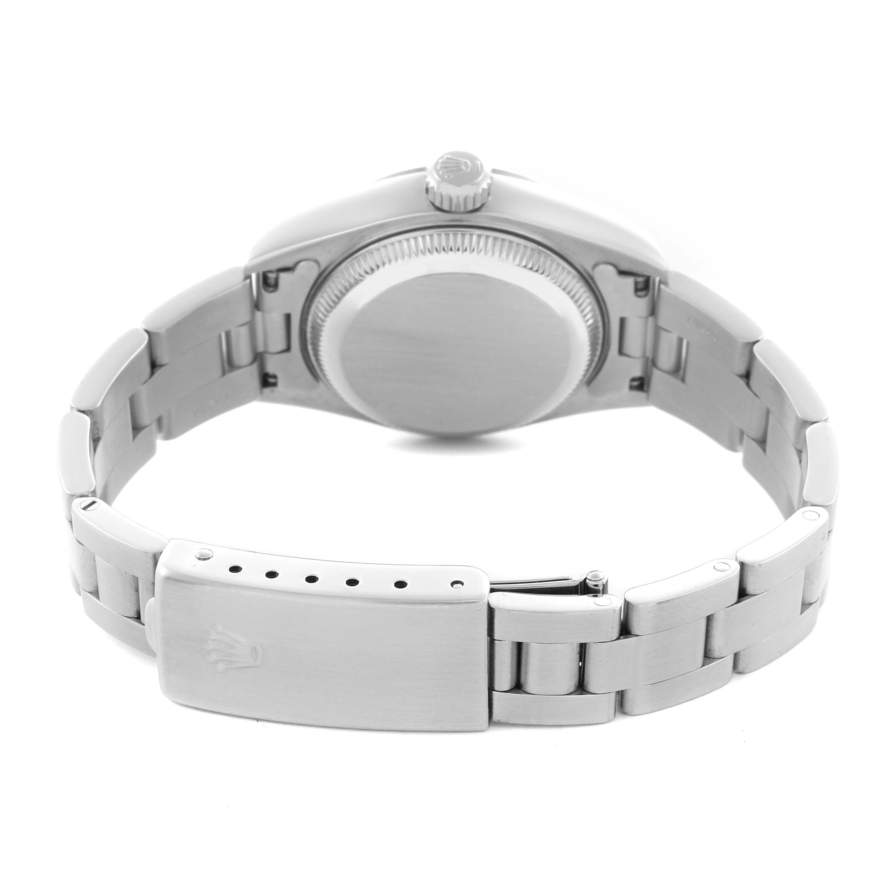 The image shows the back view of a Rolex Date 69160 Women's Stainless Steel White Dial 69160 Women's Stainless Steel White Dial watch, highlighting the case back, bracelet, and clasp from a low angle.