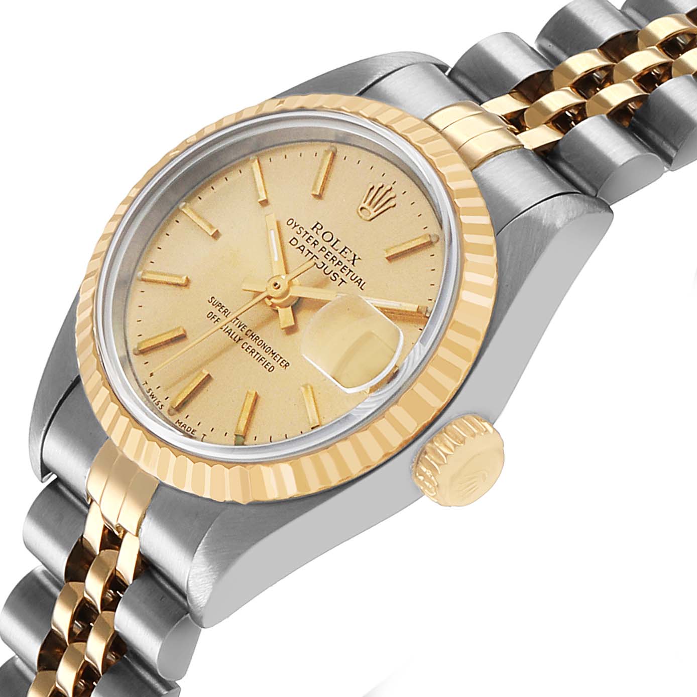 The Rolex Datejust 69173 Women's Steel and Gold (two tone) Champagne Dial watch is shown at a three-quarter angle, highlighting its gold bezel, crown, face, and two-tone bracelet.